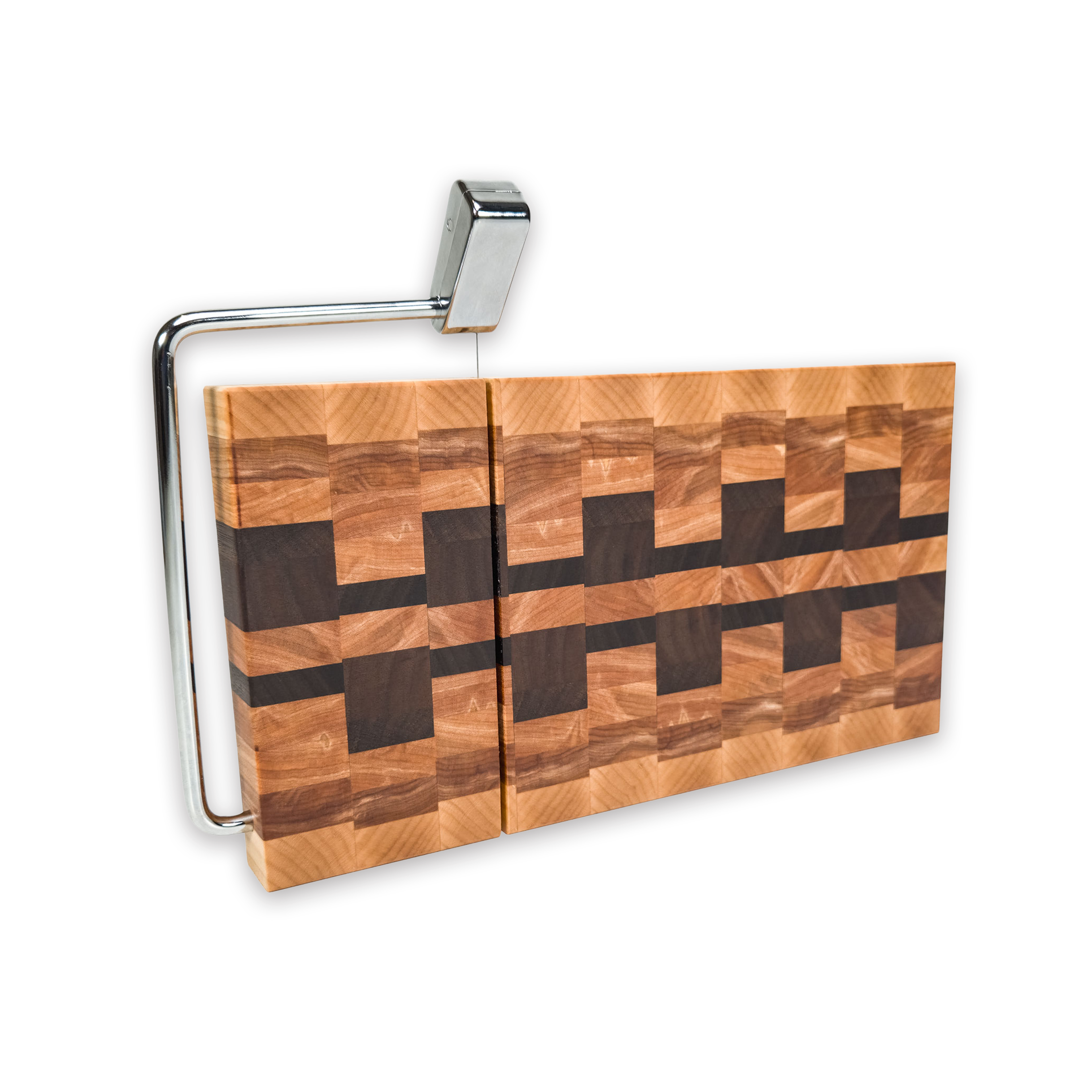 End grain maple, walnut & hickory cheese slicer board with wire cutter, oiled hardwood