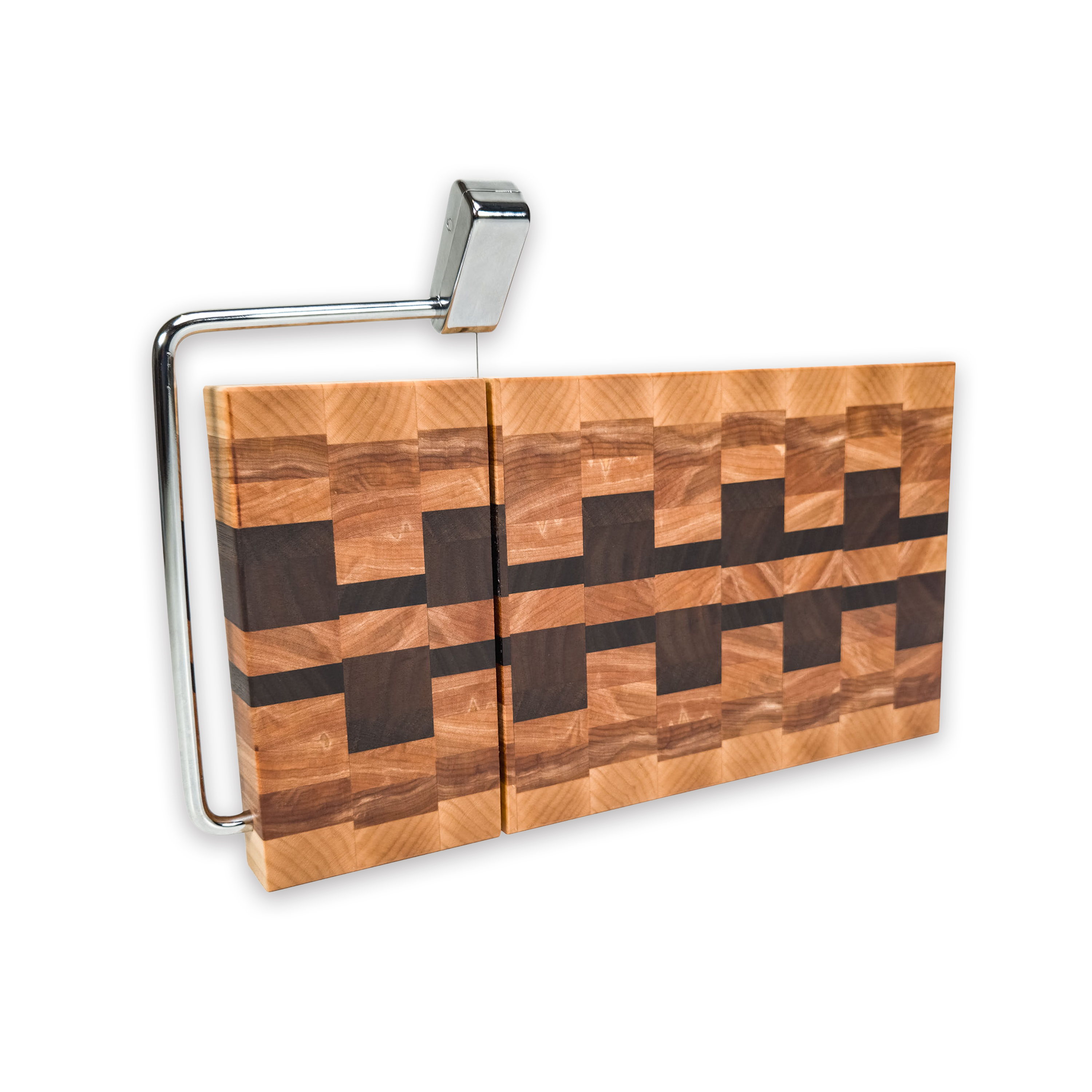 End grain maple, walnut & hickory cheese slicer board with wire cutter, oiled hardwood