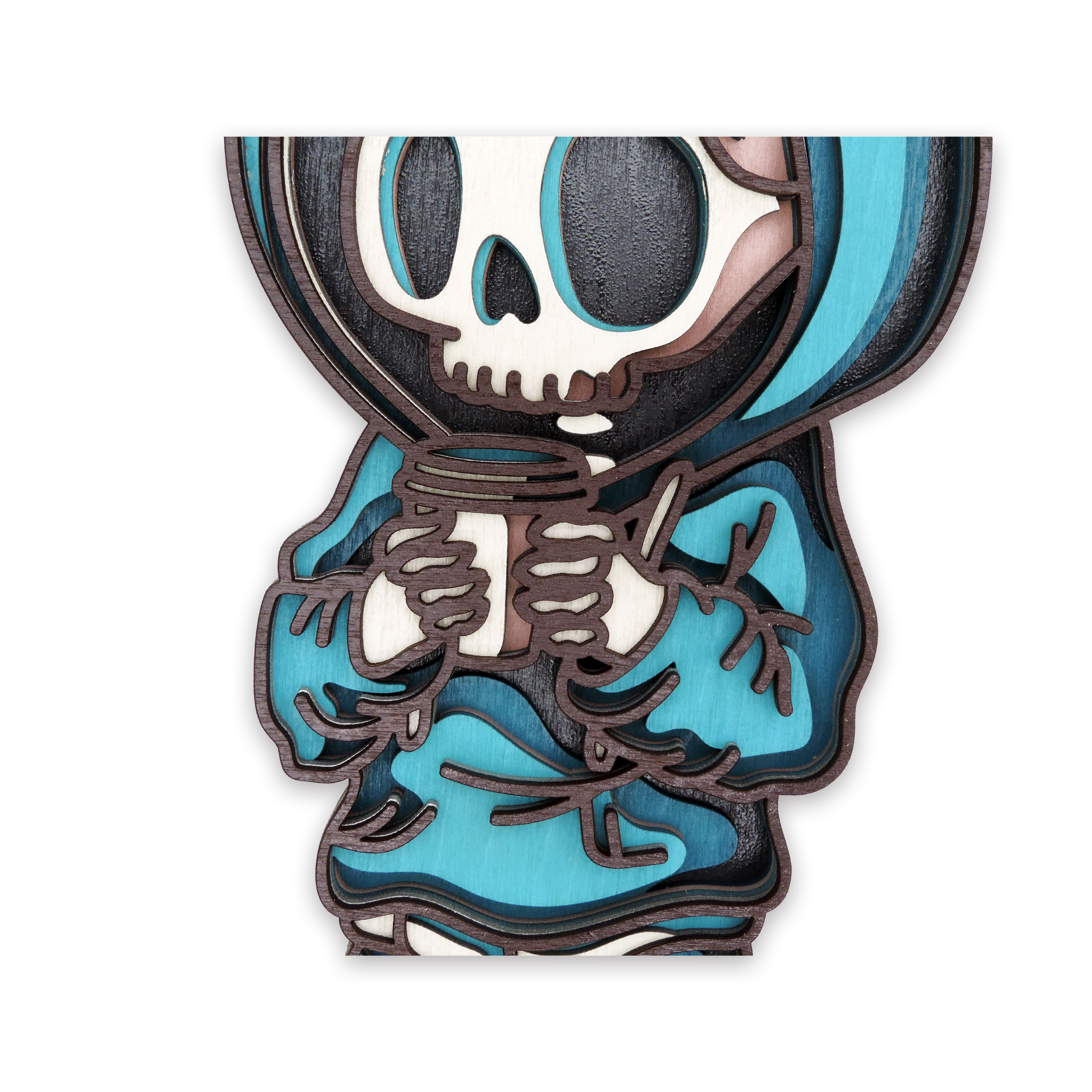 Multilayer 3D laser-cut hoodie coffee skeleton wall art, Baltic Birch Plywood