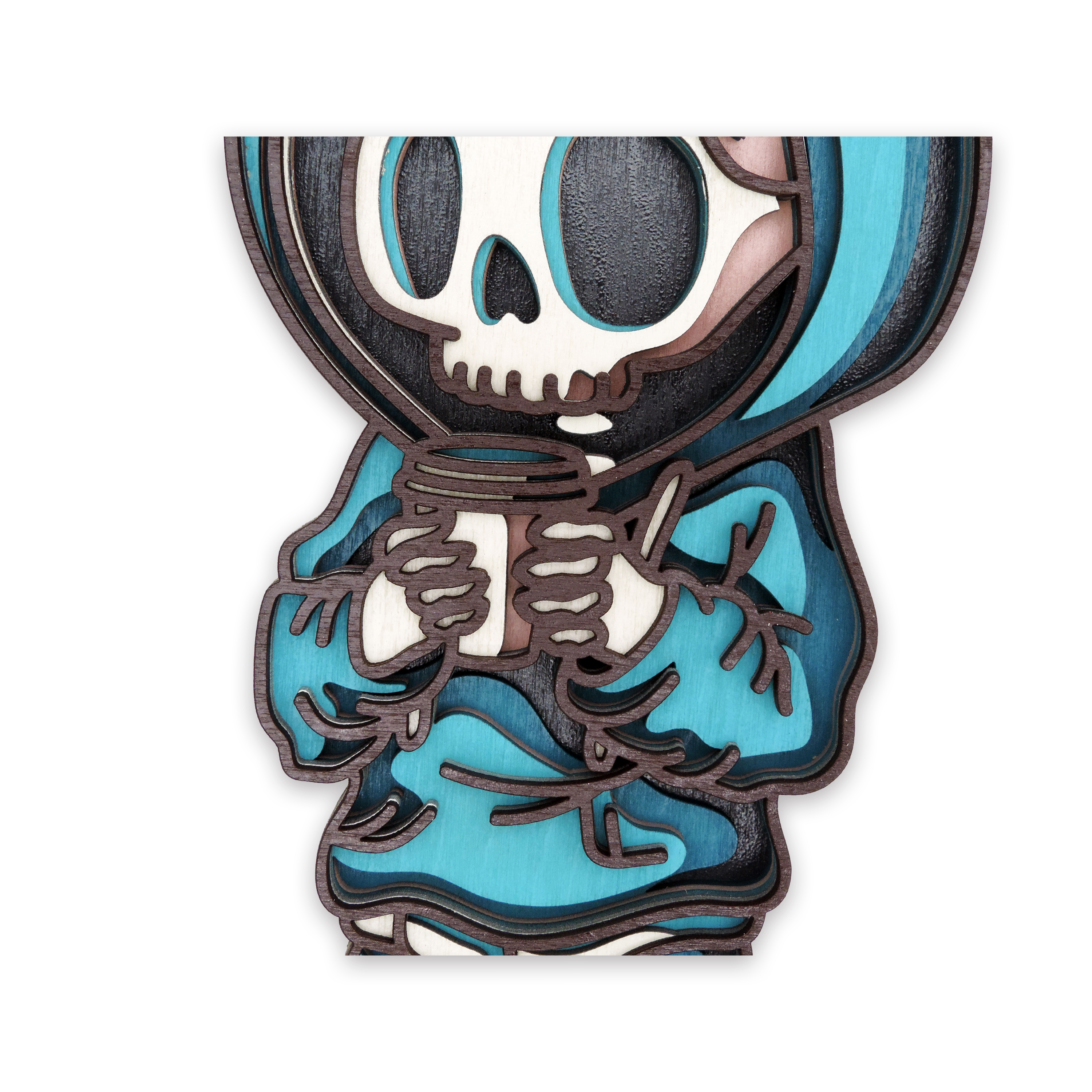 Multilayer 3D laser-cut hoodie coffee skeleton wall art, Baltic Birch Plywood