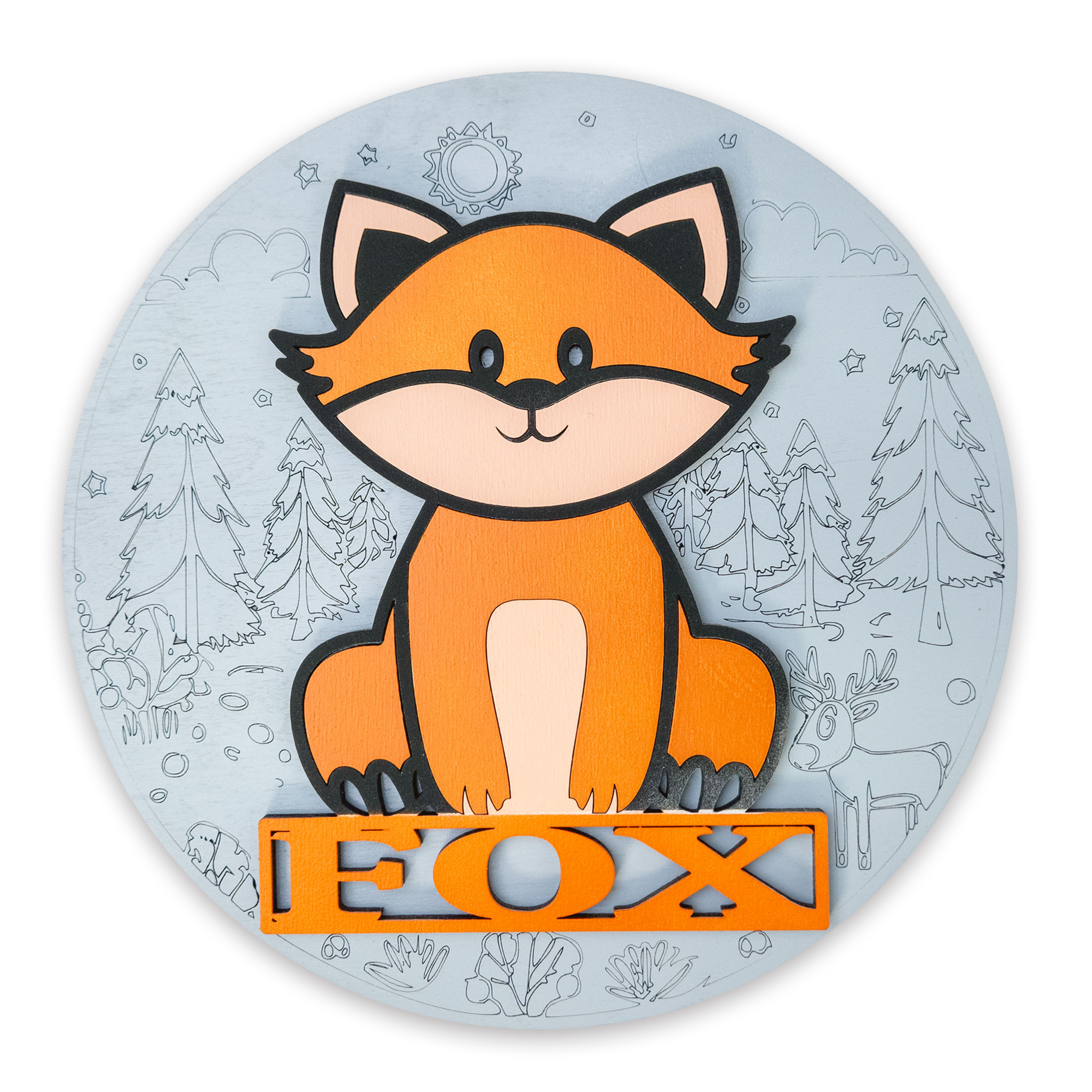 Multilayer 3D laser-cut fox name sign wall art, Baltic Birch Plywood