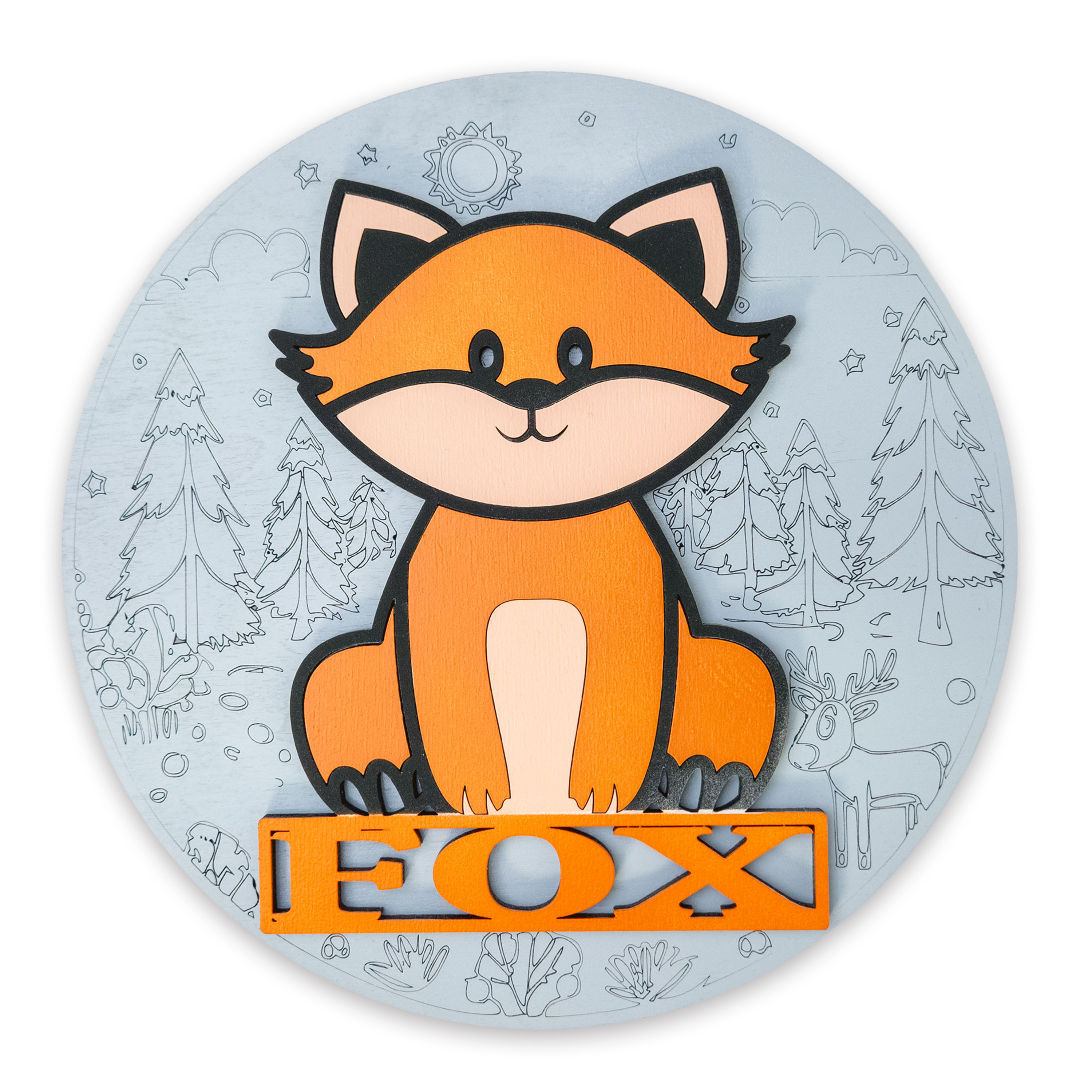 Multilayer 3D laser-cut fox name sign wall art, Baltic Birch Plywood