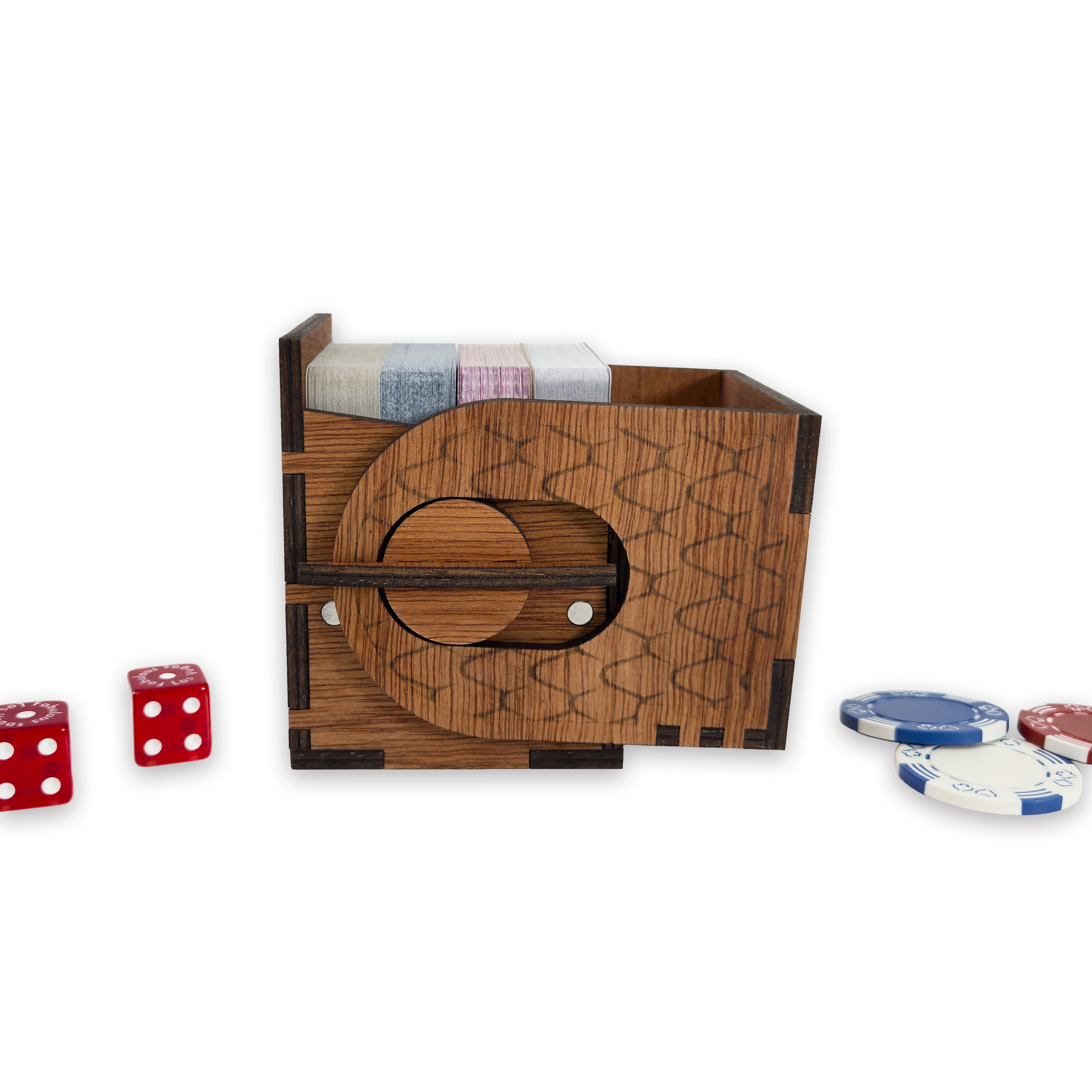 Laser-cut dragon scale deck box, cherry-finished birch plywood