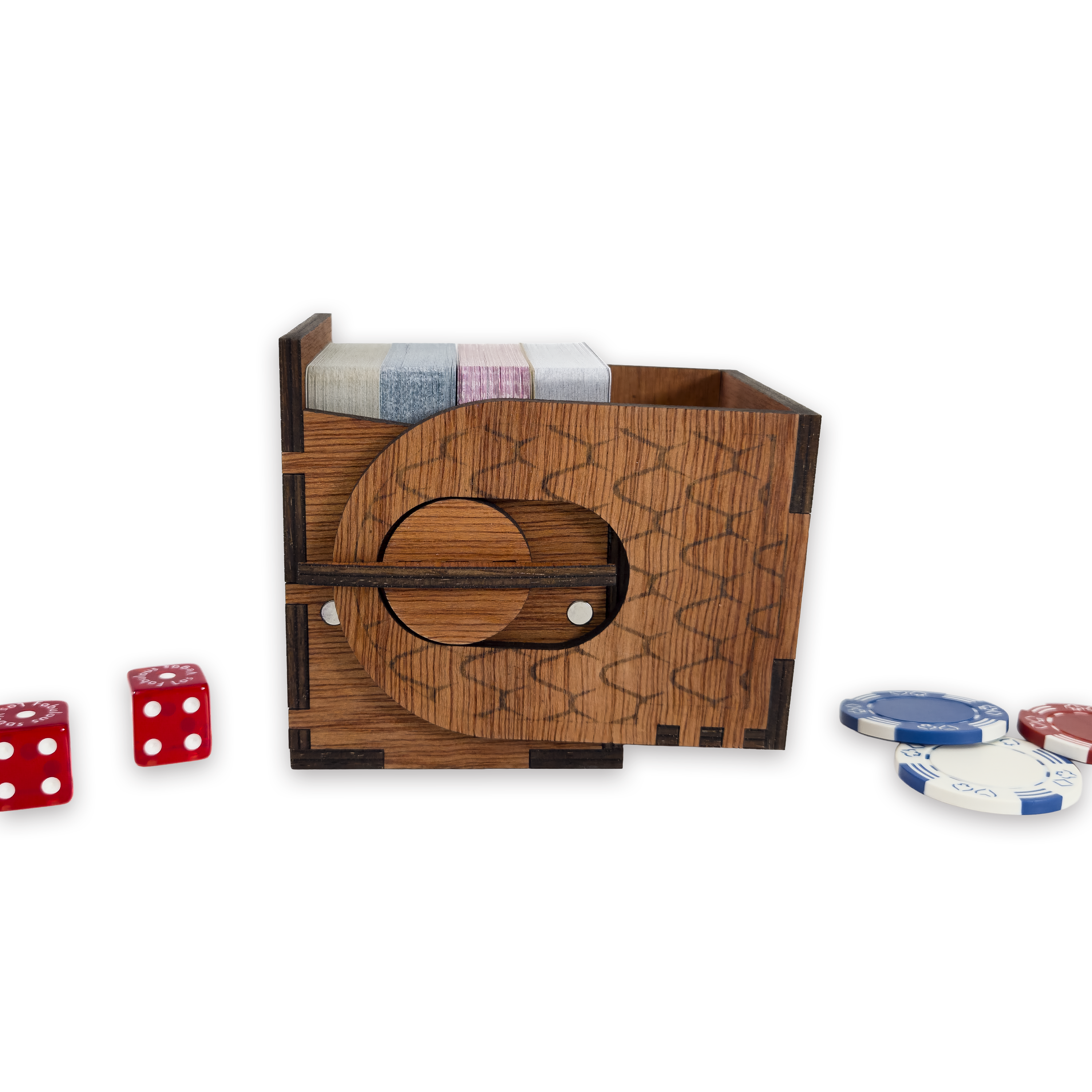 Laser-cut dragon scale deck box, cherry-finished birch plywood