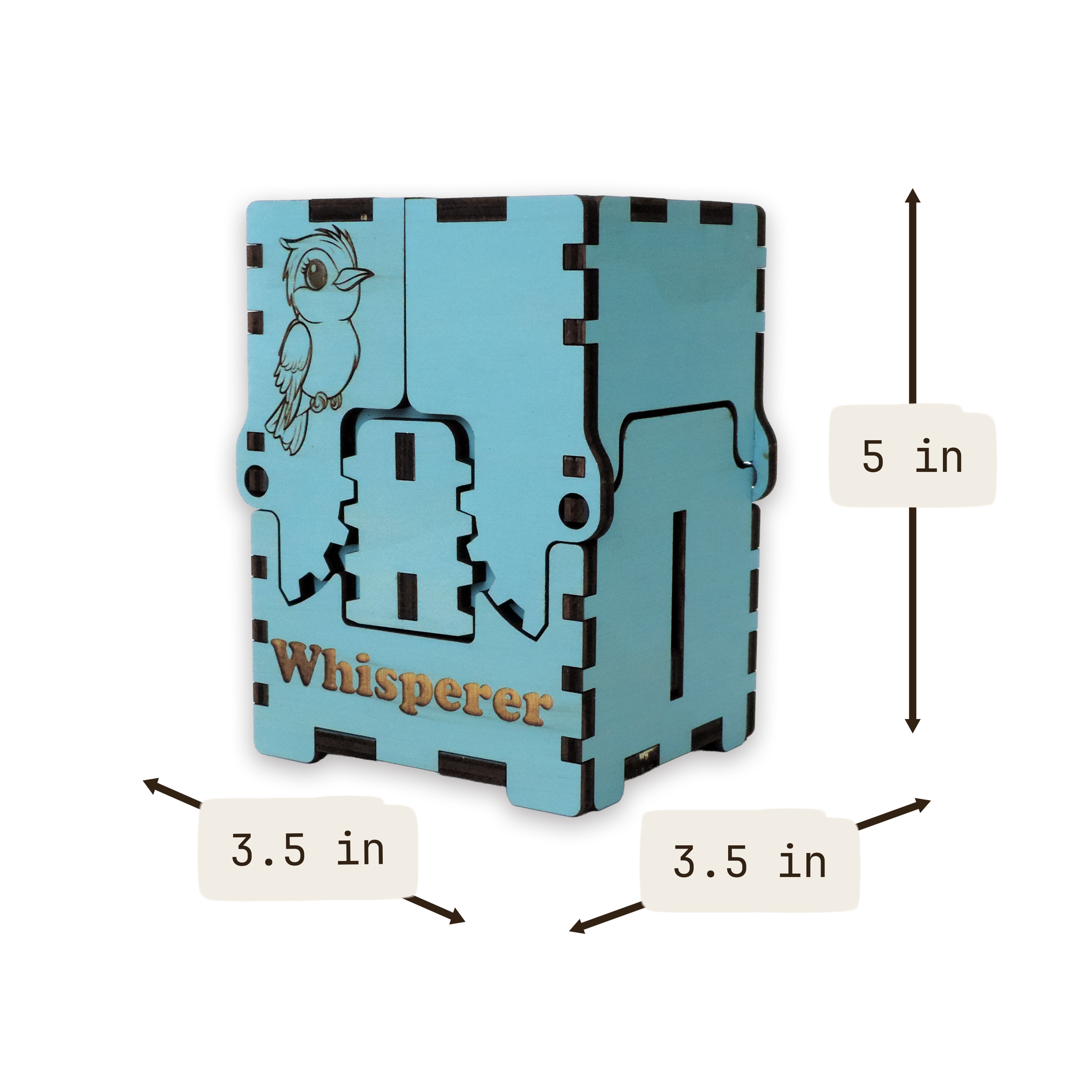 Laser-cut bird whisperer box, turquoise-painted birch plywood
