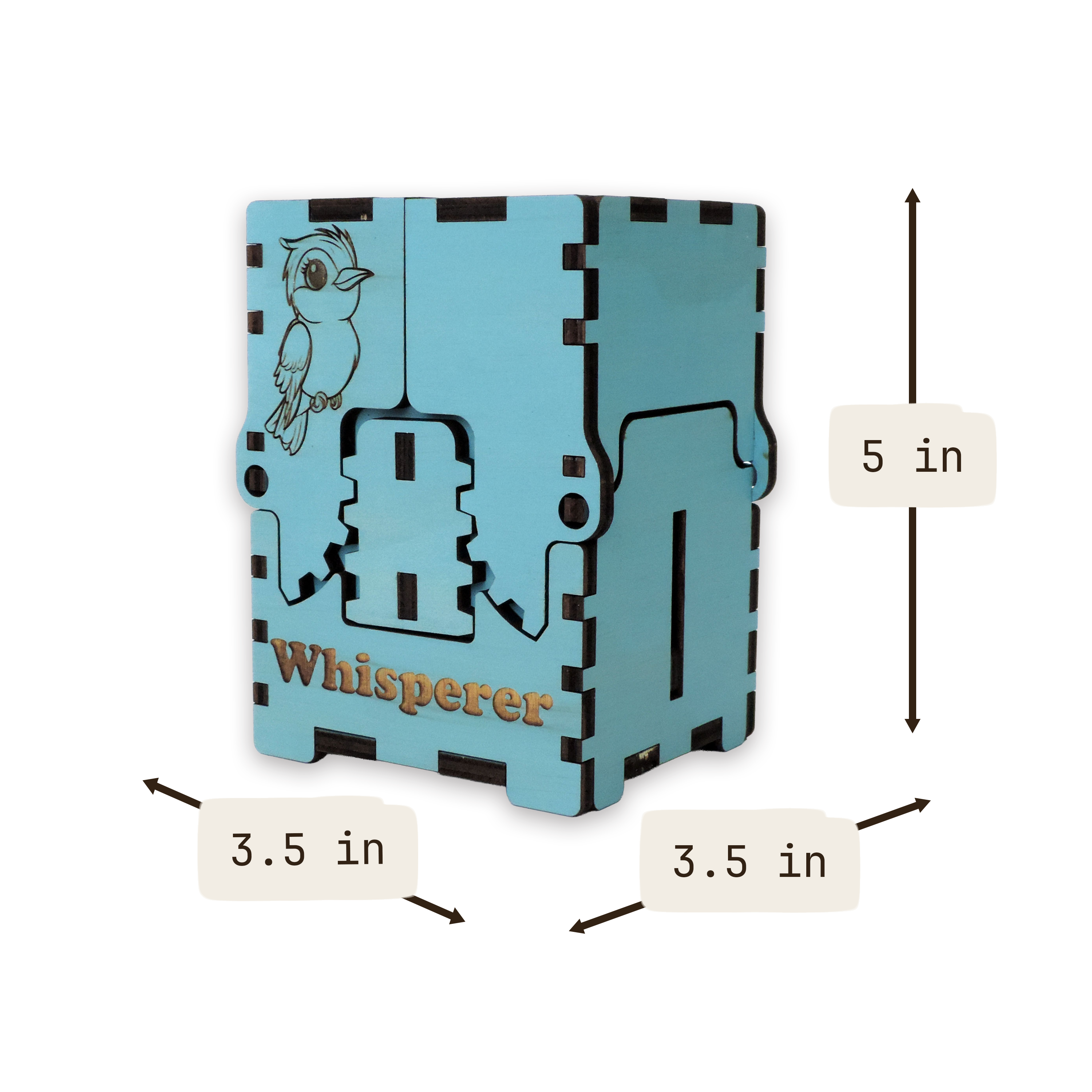 Laser-cut bird whisperer box, turquoise-painted birch plywood