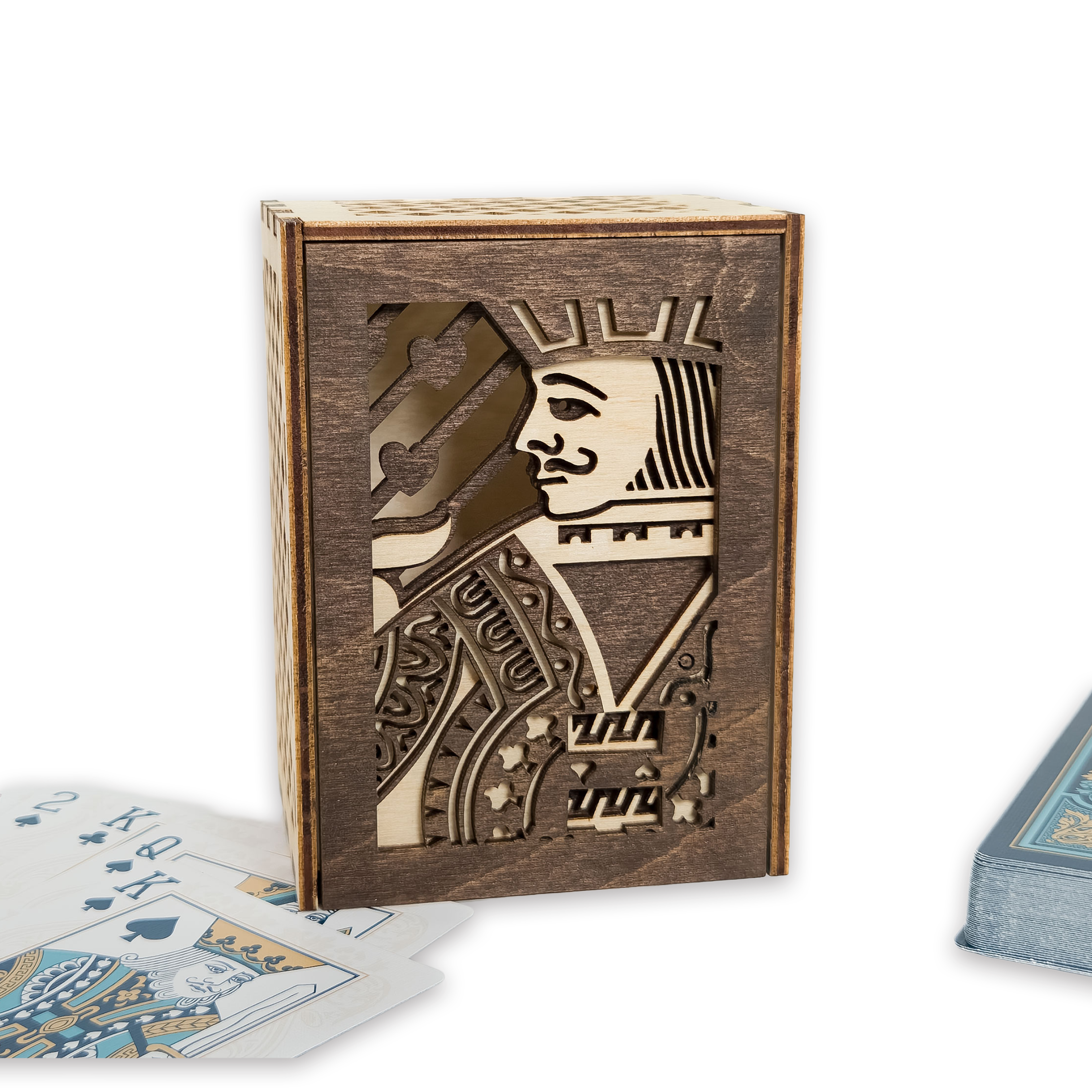 Laser-cut jack of hearts poker card box, walnut & maple birch plywood