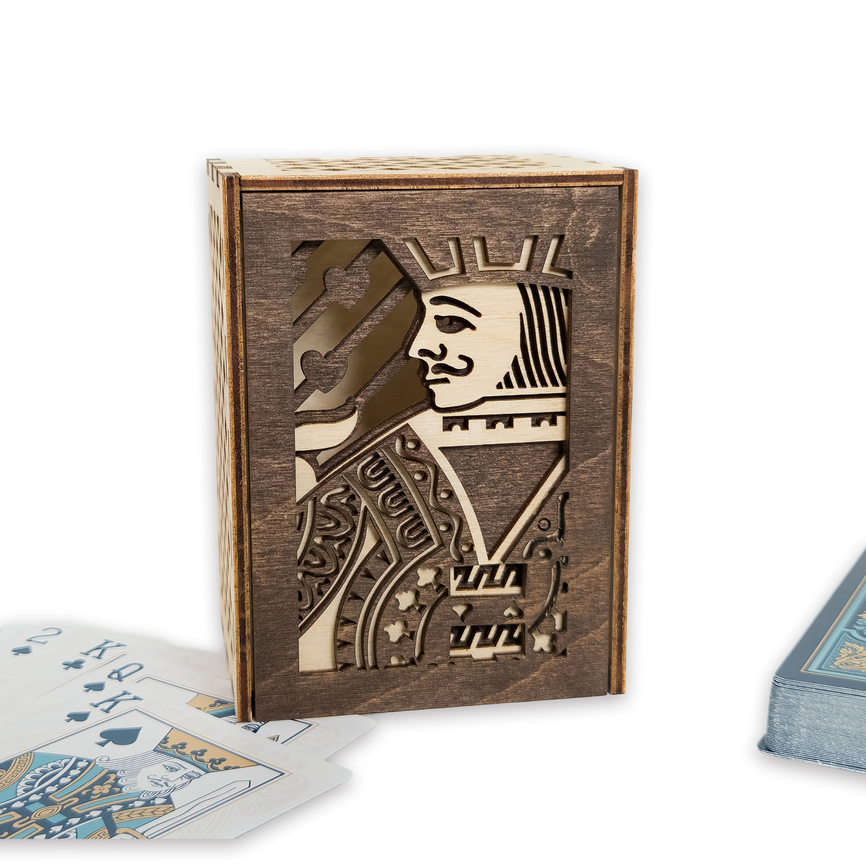 Laser-cut jack of hearts poker card box, walnut & maple birch plywood