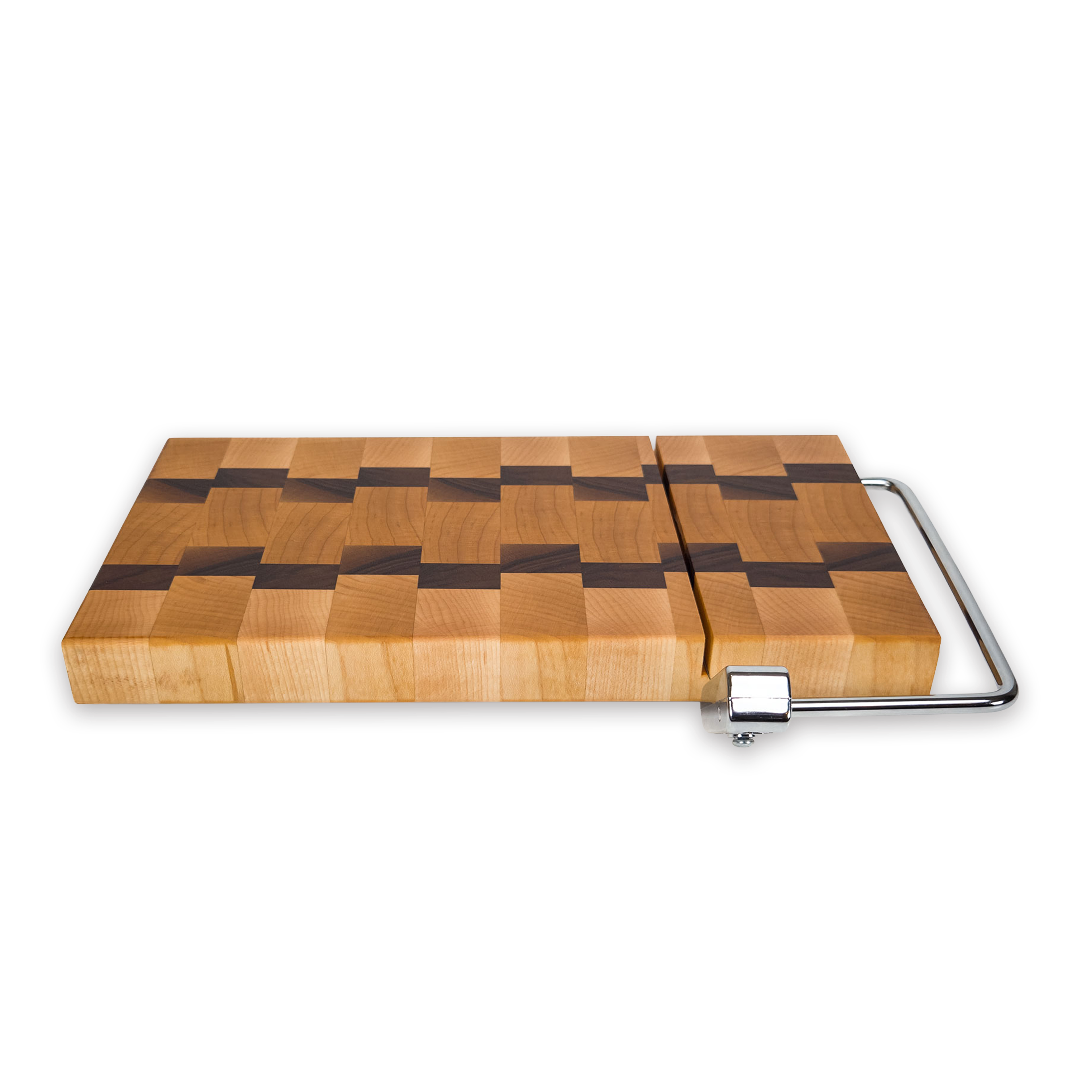 End grain maple & walnut cheese slicer board with wire cutter, oiled hardwood