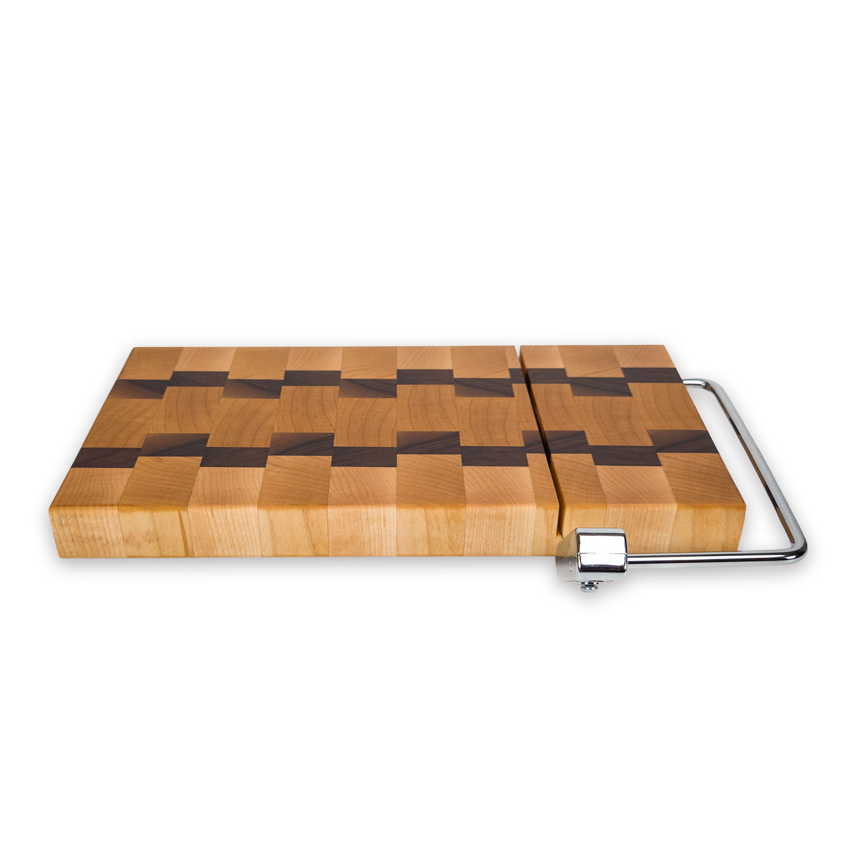 End grain maple & walnut cheese slicer board with wire cutter, oiled hardwood