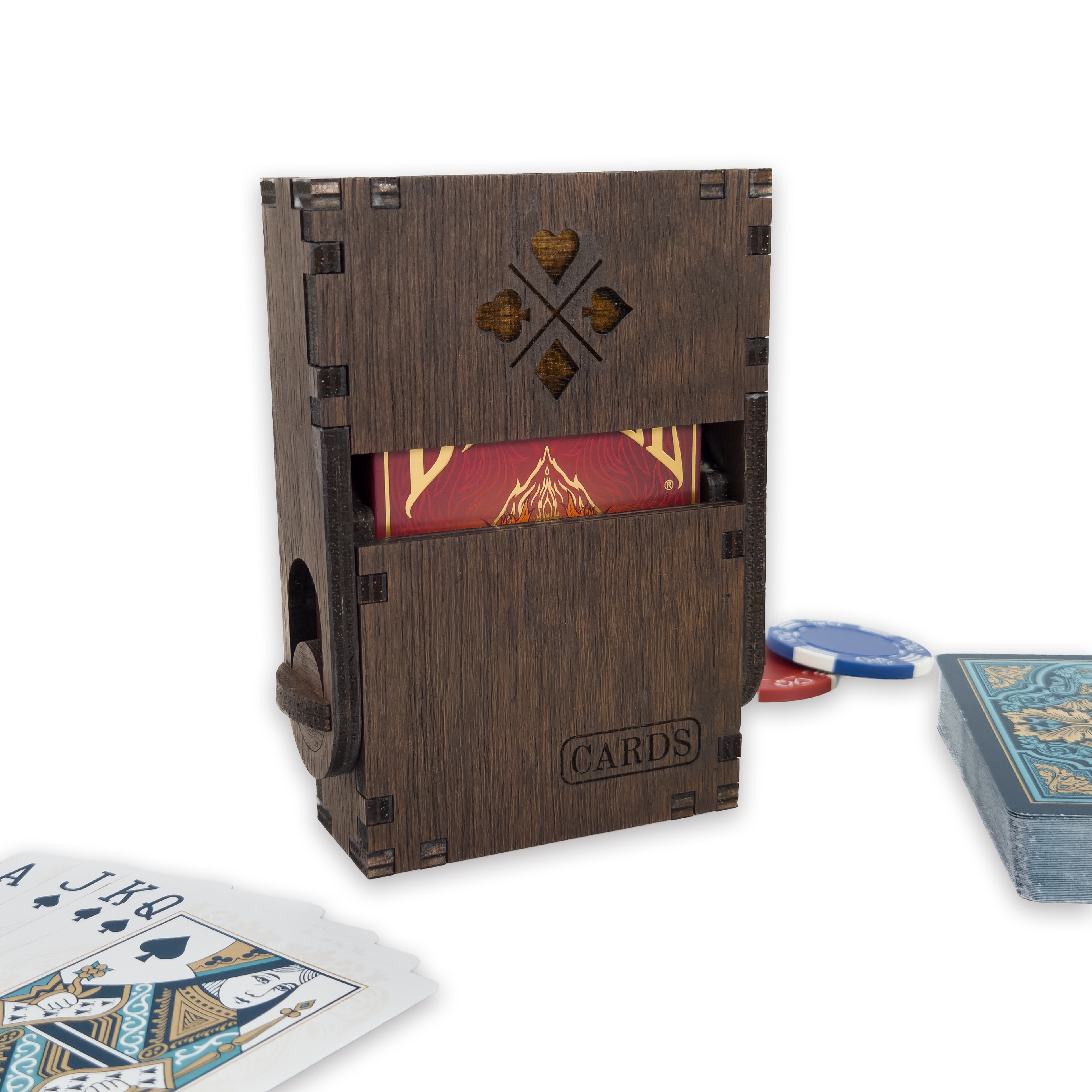 Laser-cut playing card box, dark-walnut-stained birch plywood — as shown (3.5 × 4 in)