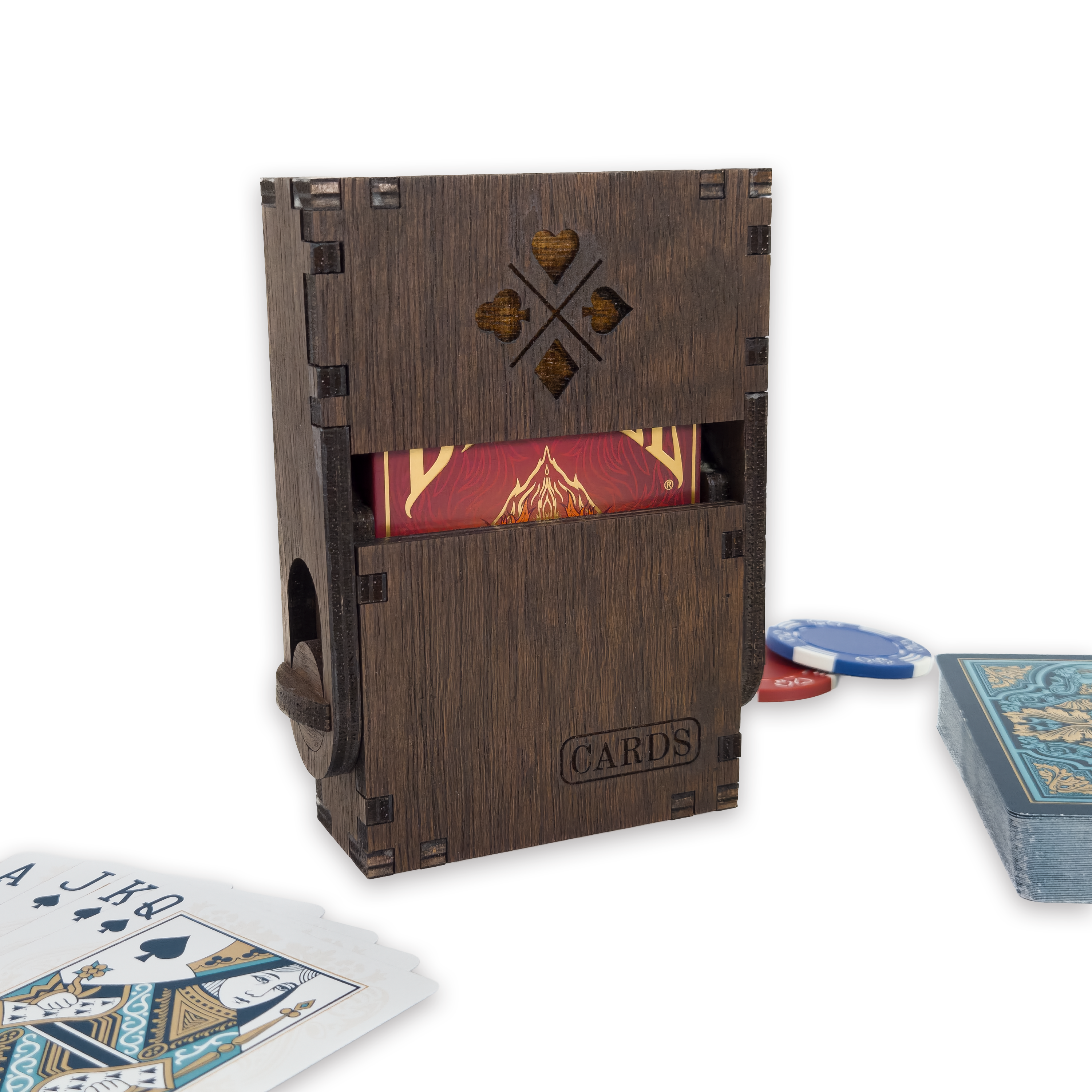 Laser-cut playing card box, dark-walnut-stained birch plywood — as shown (3.5 × 4 in)