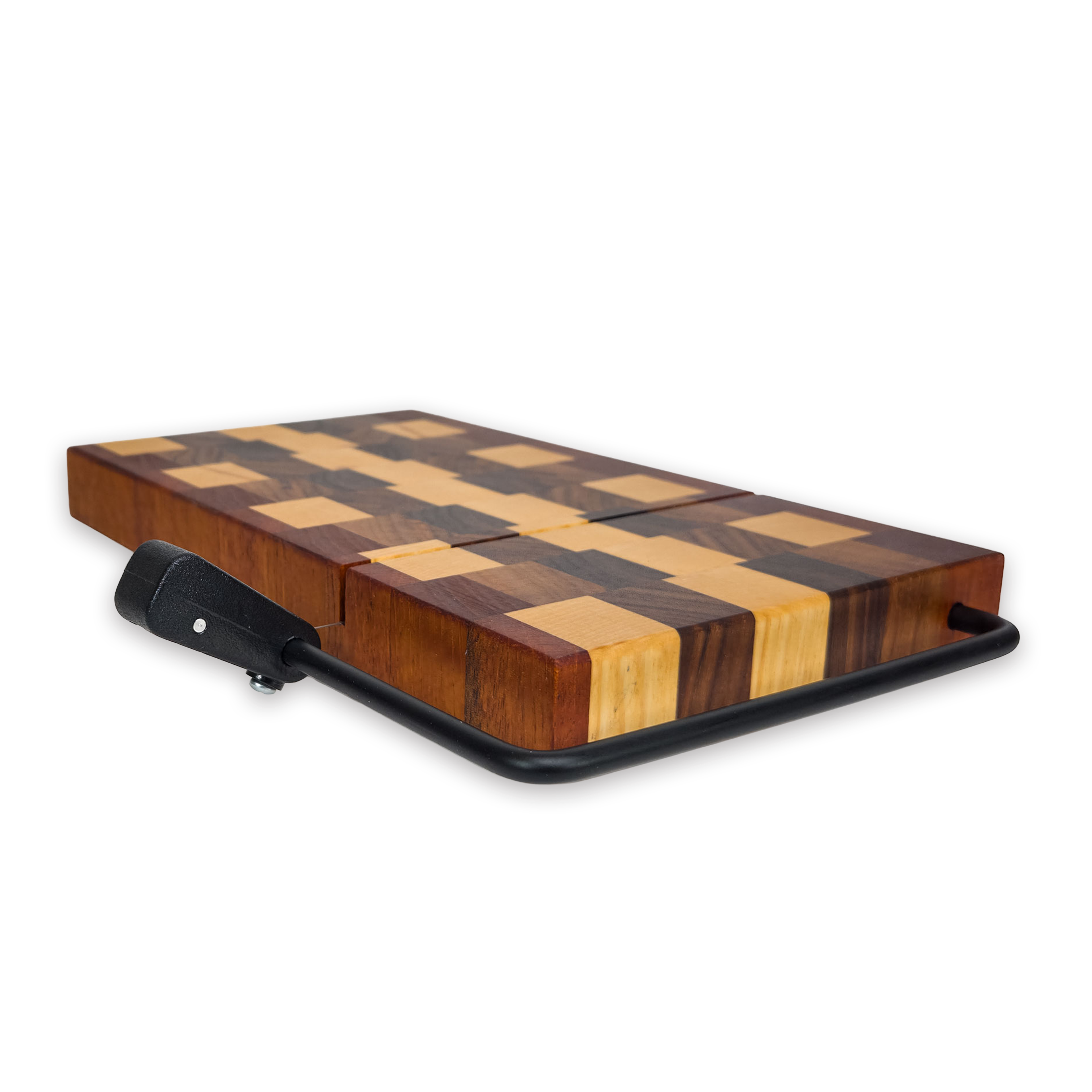End grain maple, walnut & cherry cheese slicer board with wire cutter, oiled hardwood