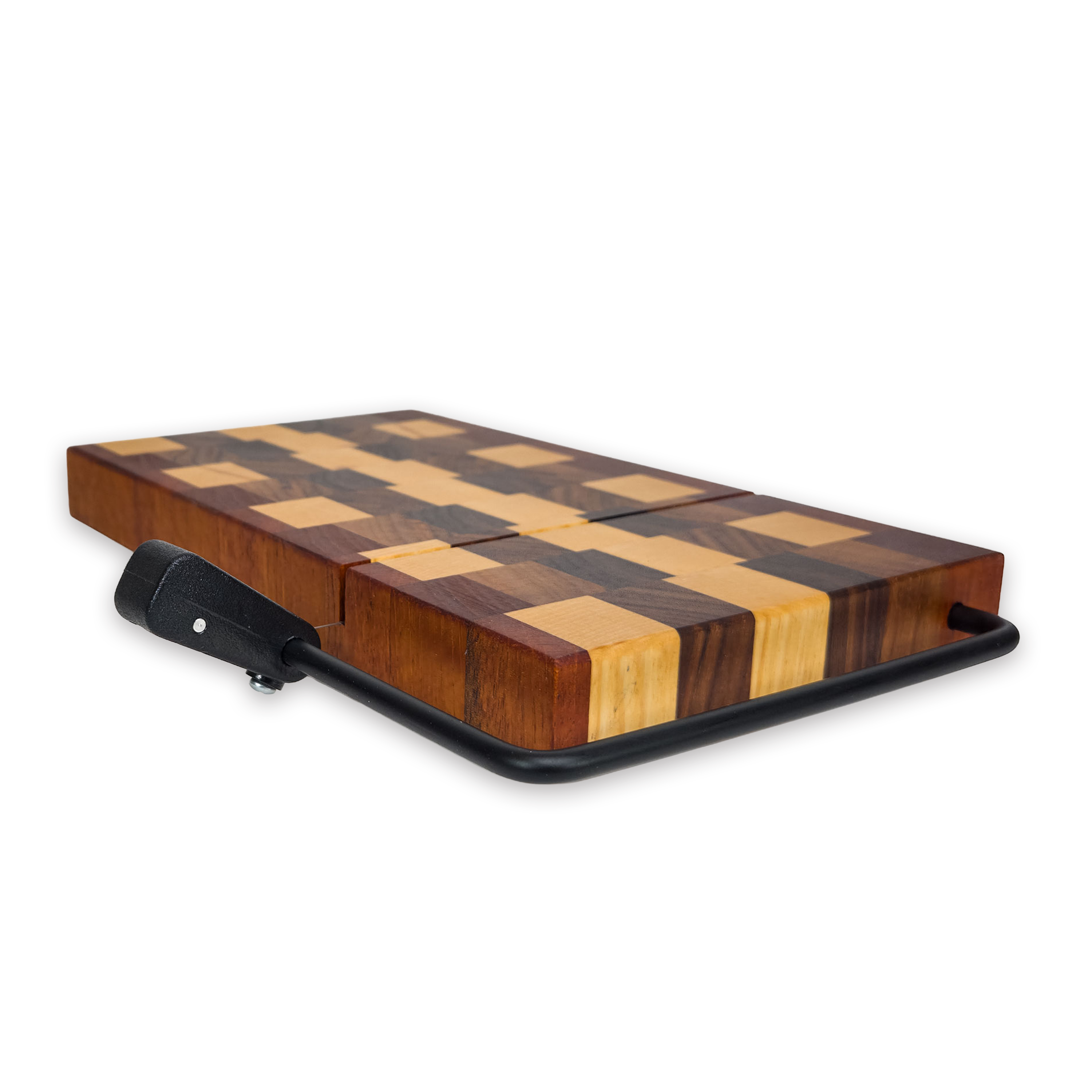 End grain maple, walnut & cherry cheese slicer board with wire cutter, oiled hardwood