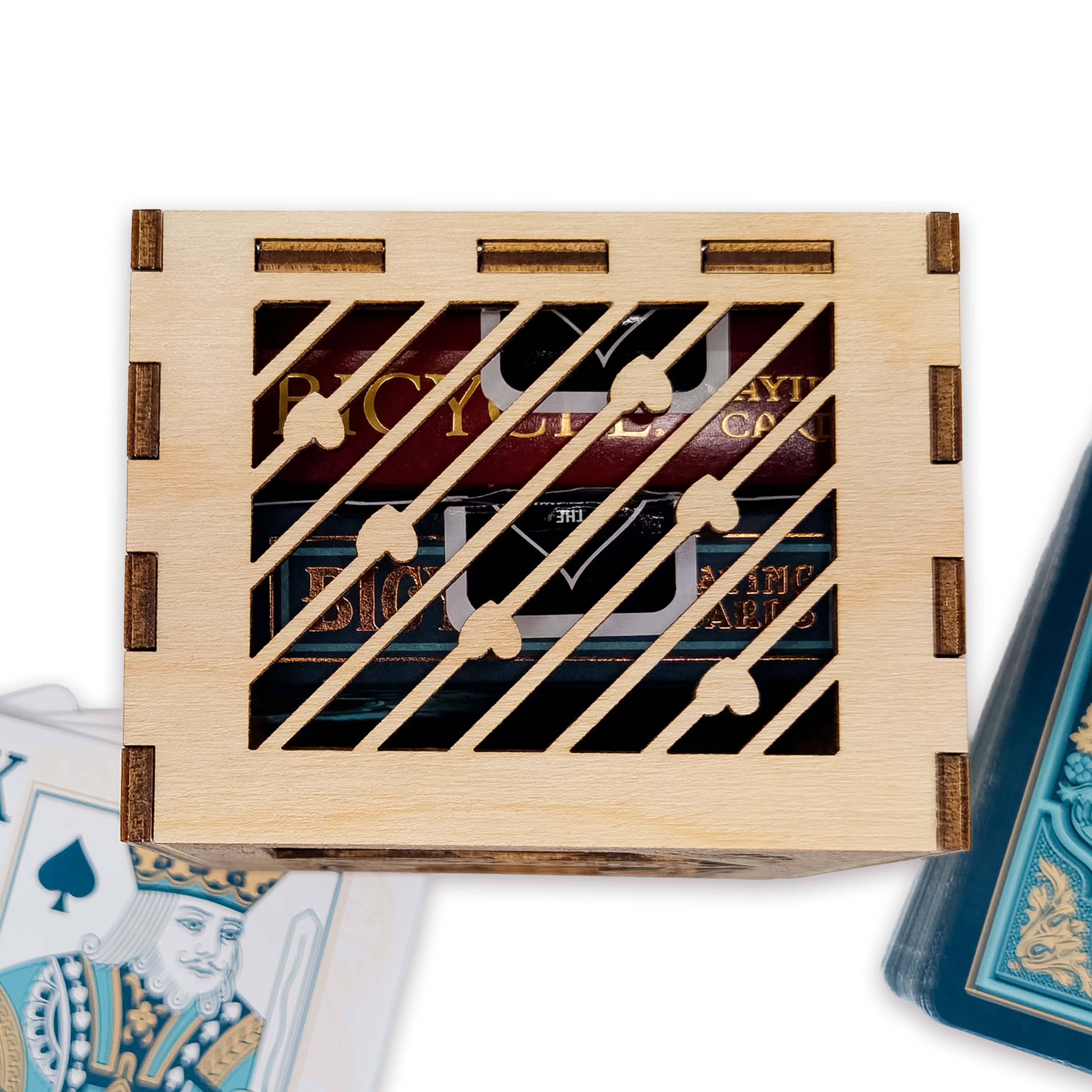 Laser-cut queen of hearts poker card box, walnut & maple birch plywood