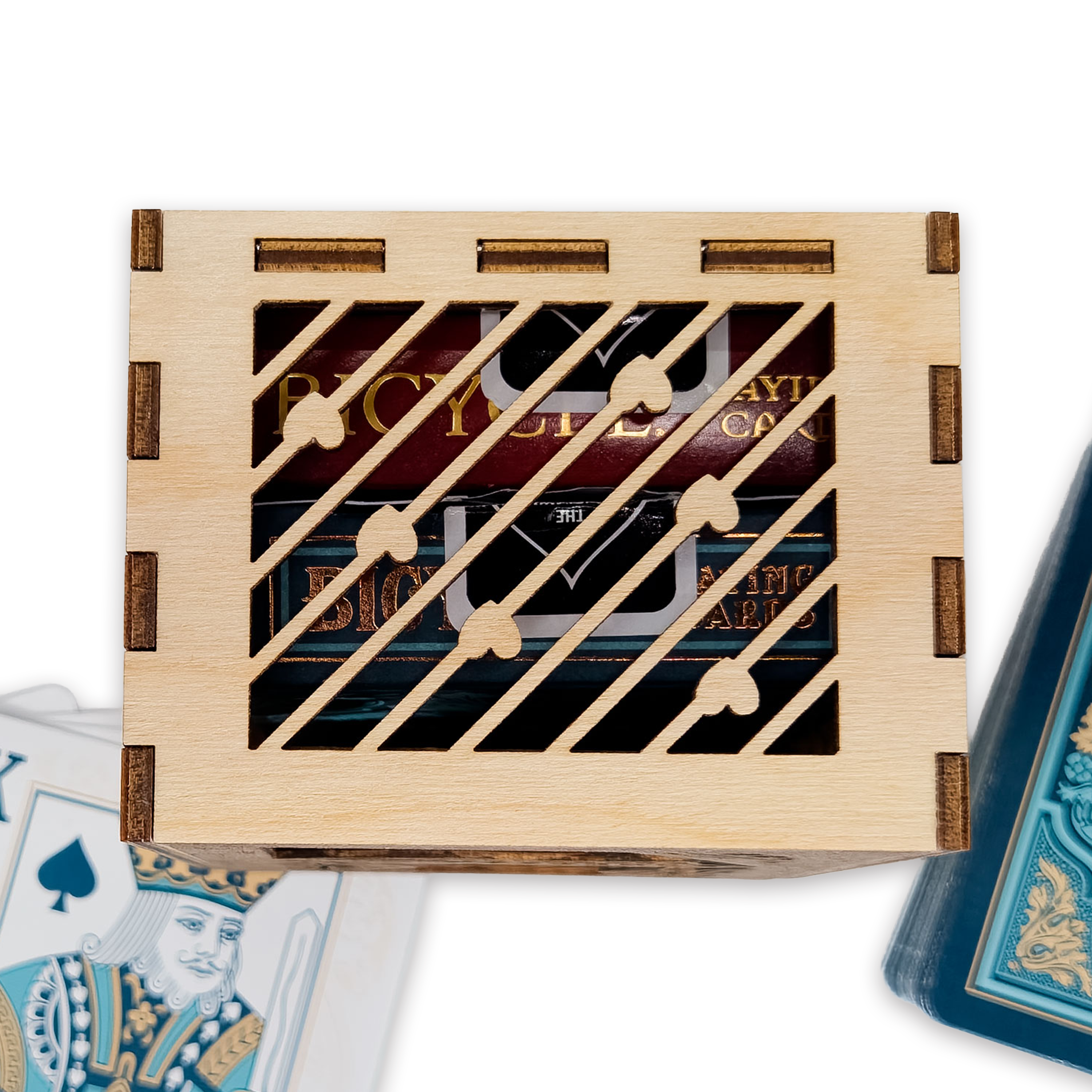 Laser-cut queen of hearts poker card box, walnut & maple birch plywood