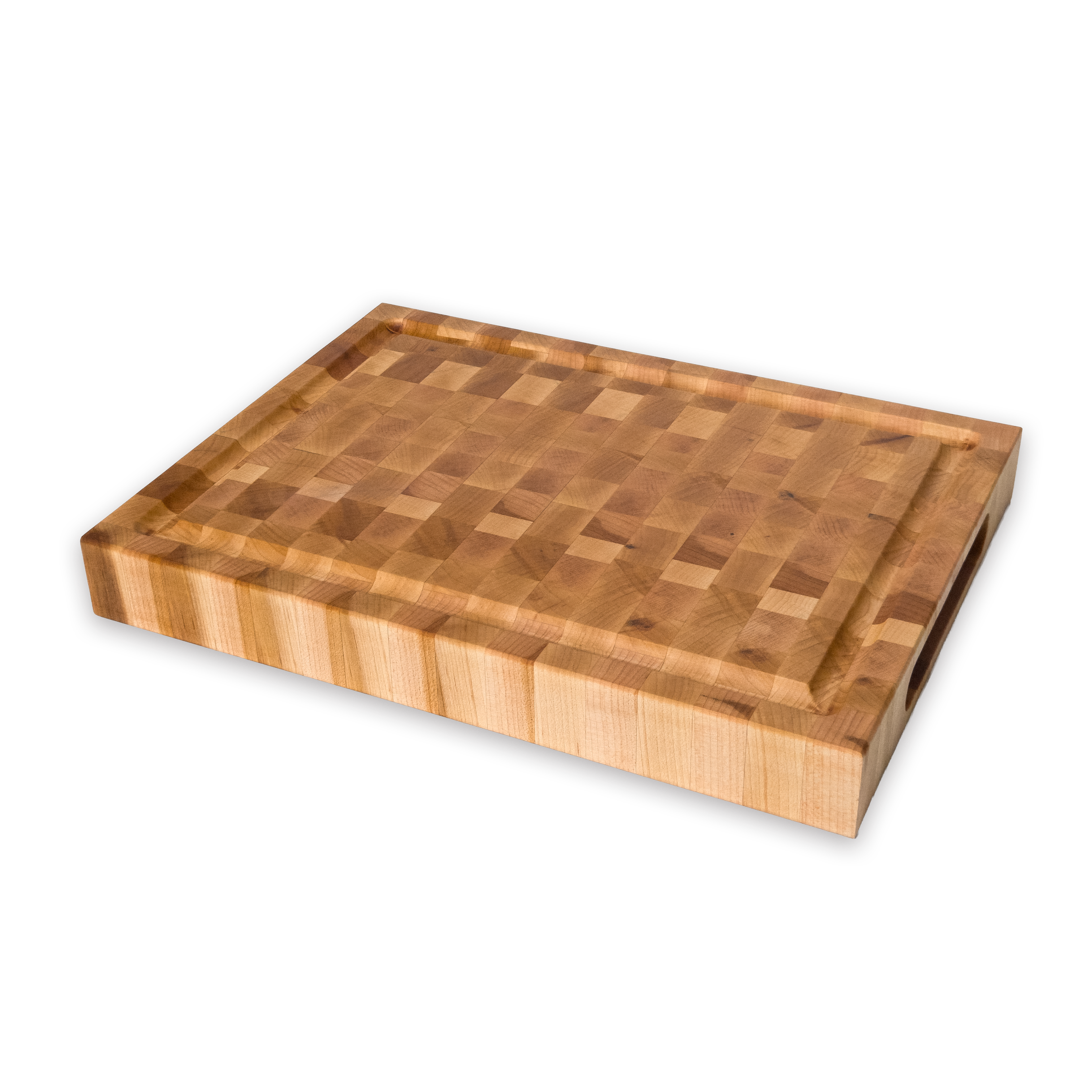 Maple end grain butcher block cutting board with juice groove — 12 × 9 in