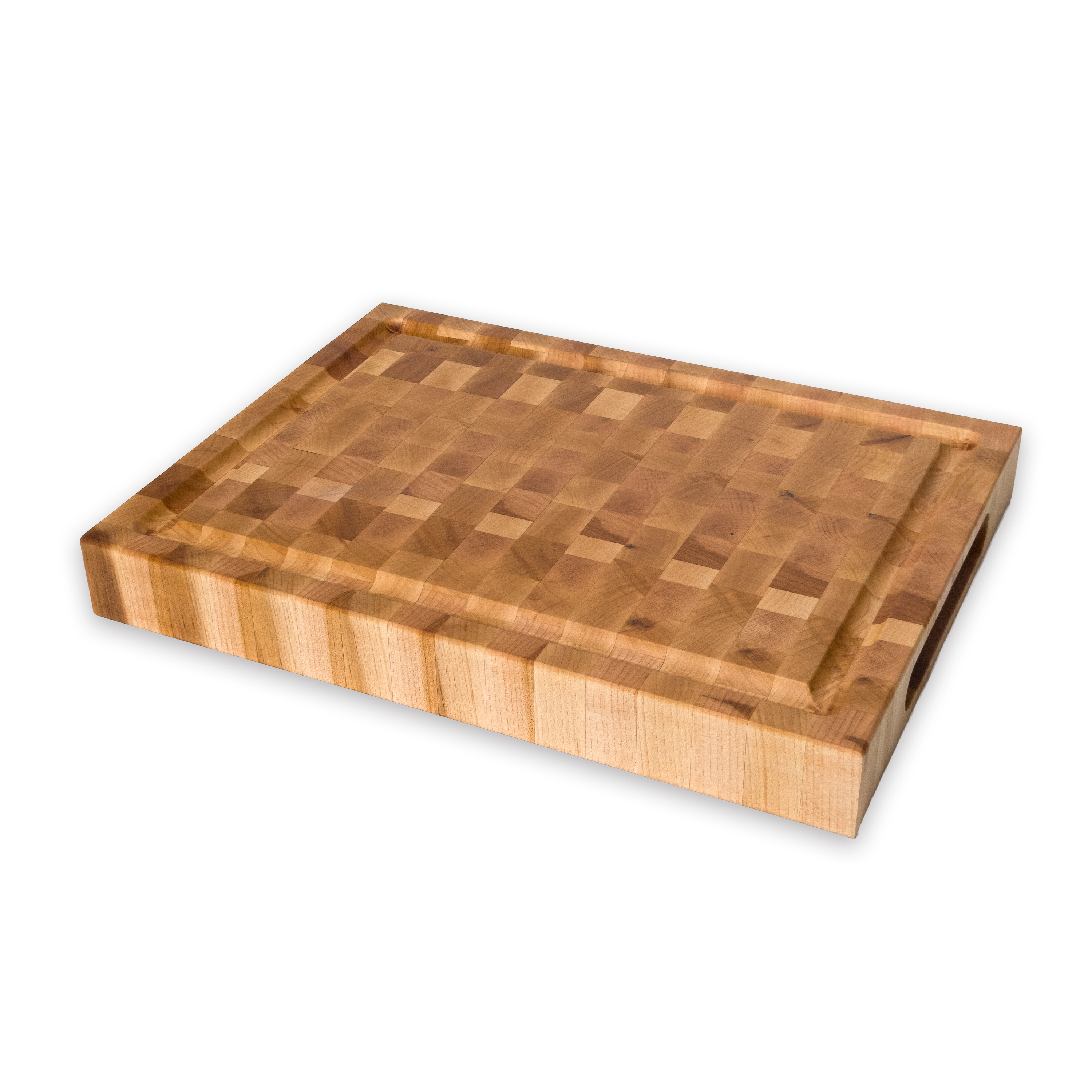 Maple end grain butcher block cutting board with juice groove — 12 × 9 in
