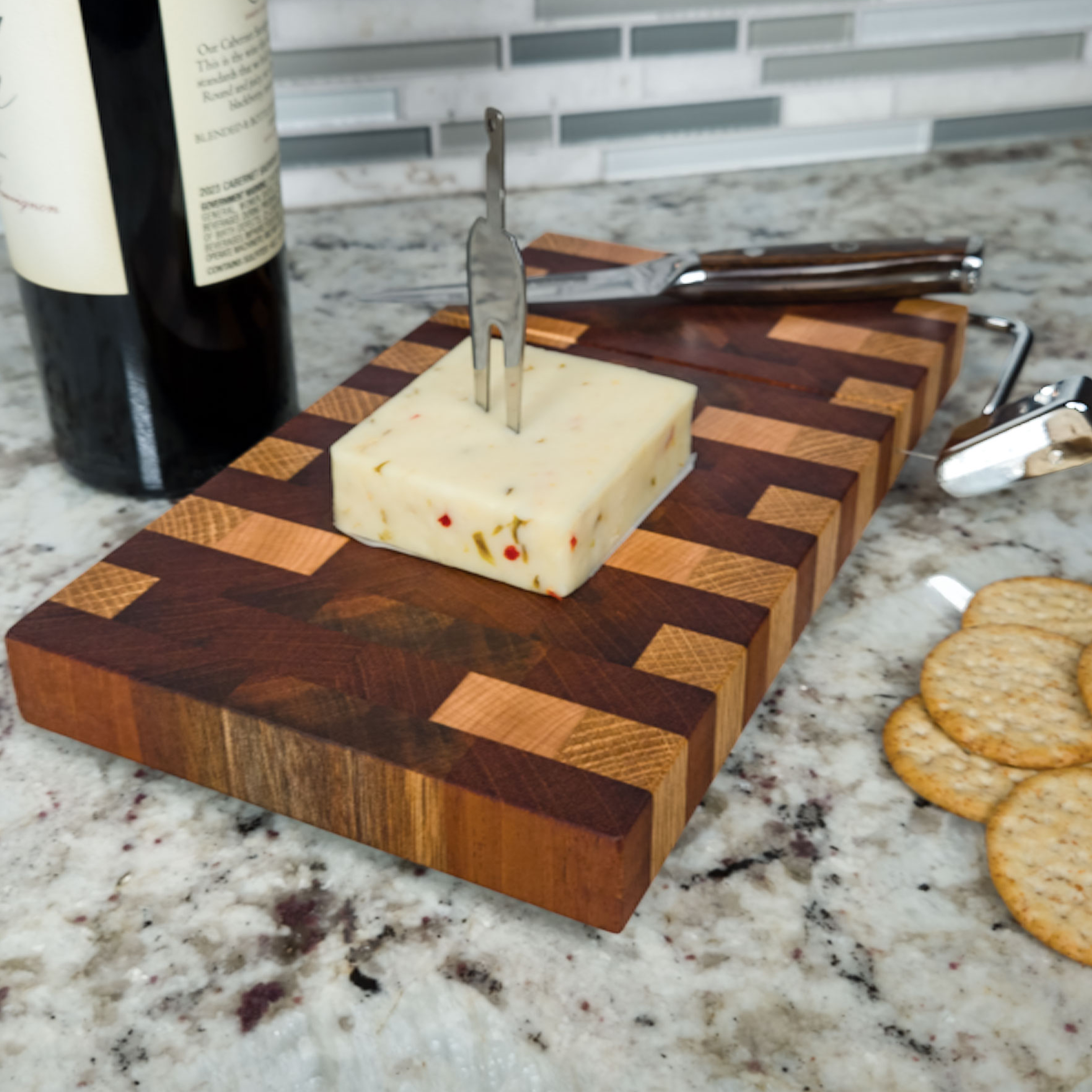 End grain oak, walnut & cherry mosaic cheese slicer board with wire cutter, oiled hardwood