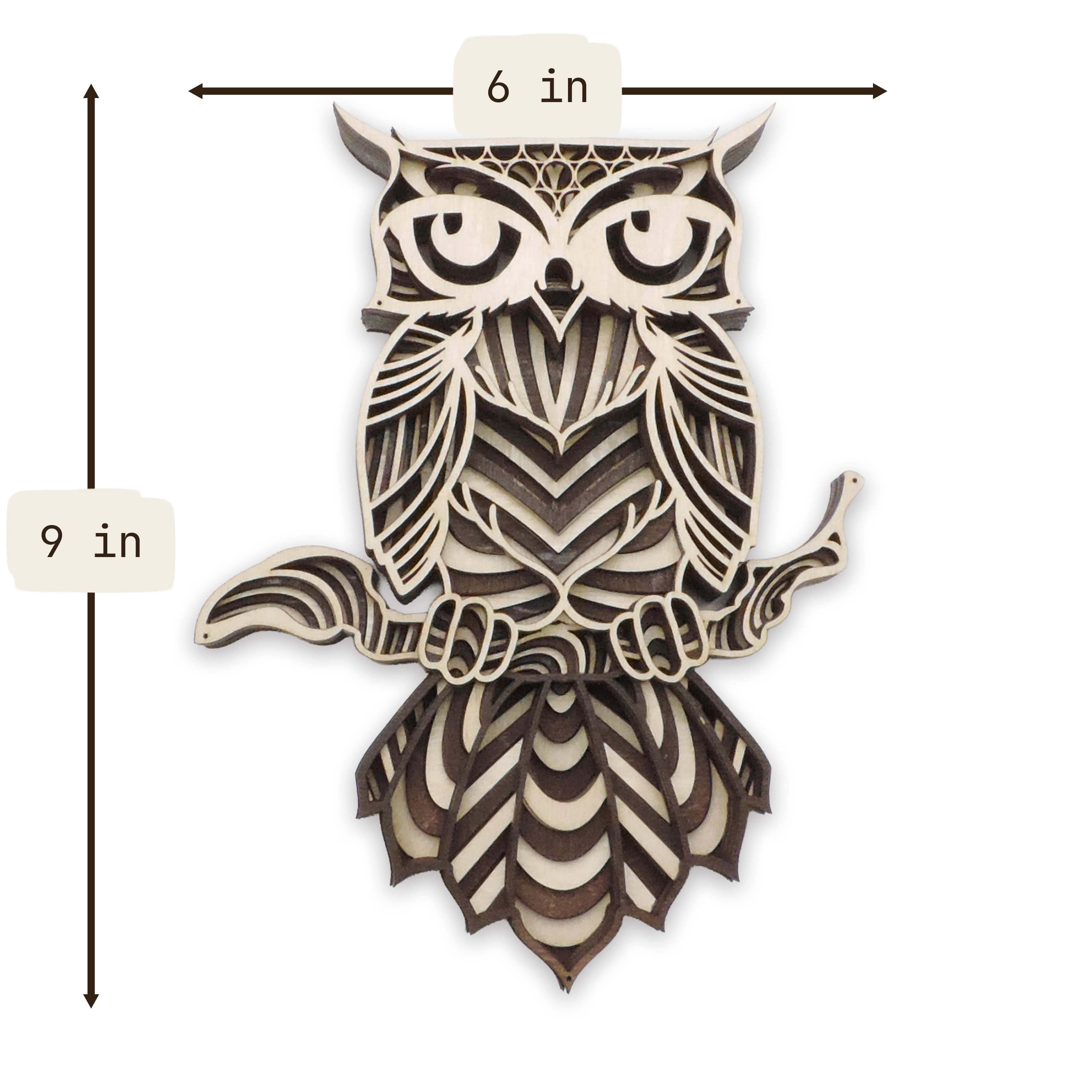 Multilayer 3D laser-cut great horned owl wall art, Baltic Birch Plywood — walnut maple, small (6 × 9 in)