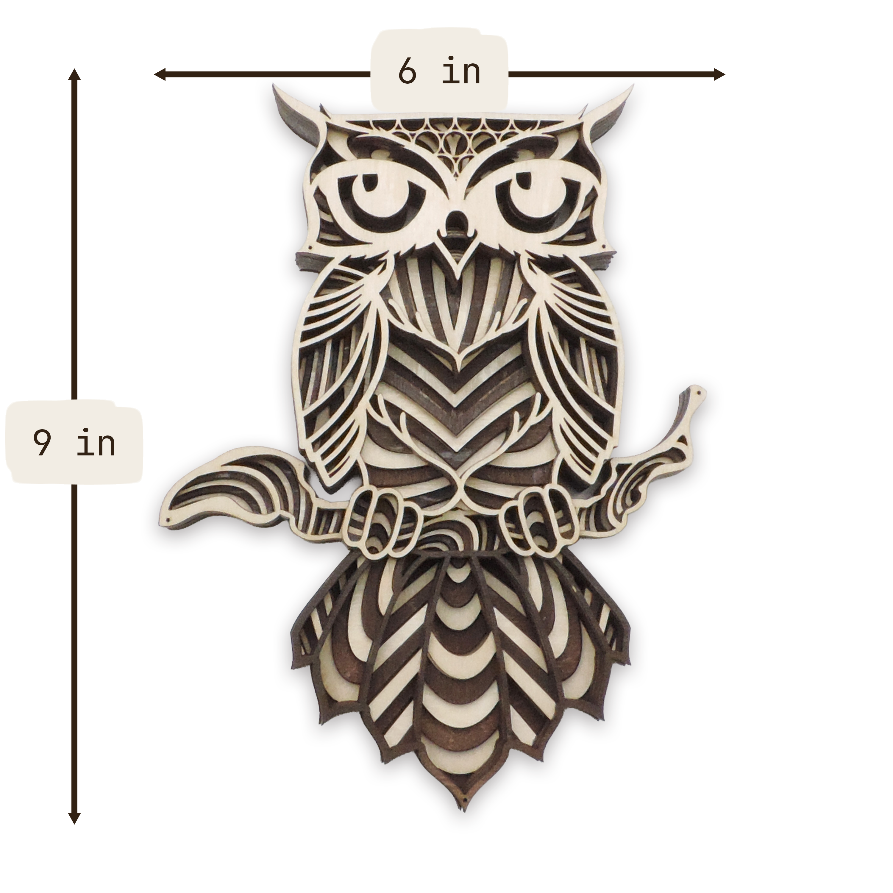 Multilayer 3D laser-cut great horned owl wall art, Baltic Birch Plywood — walnut maple, small (6 × 9 in)