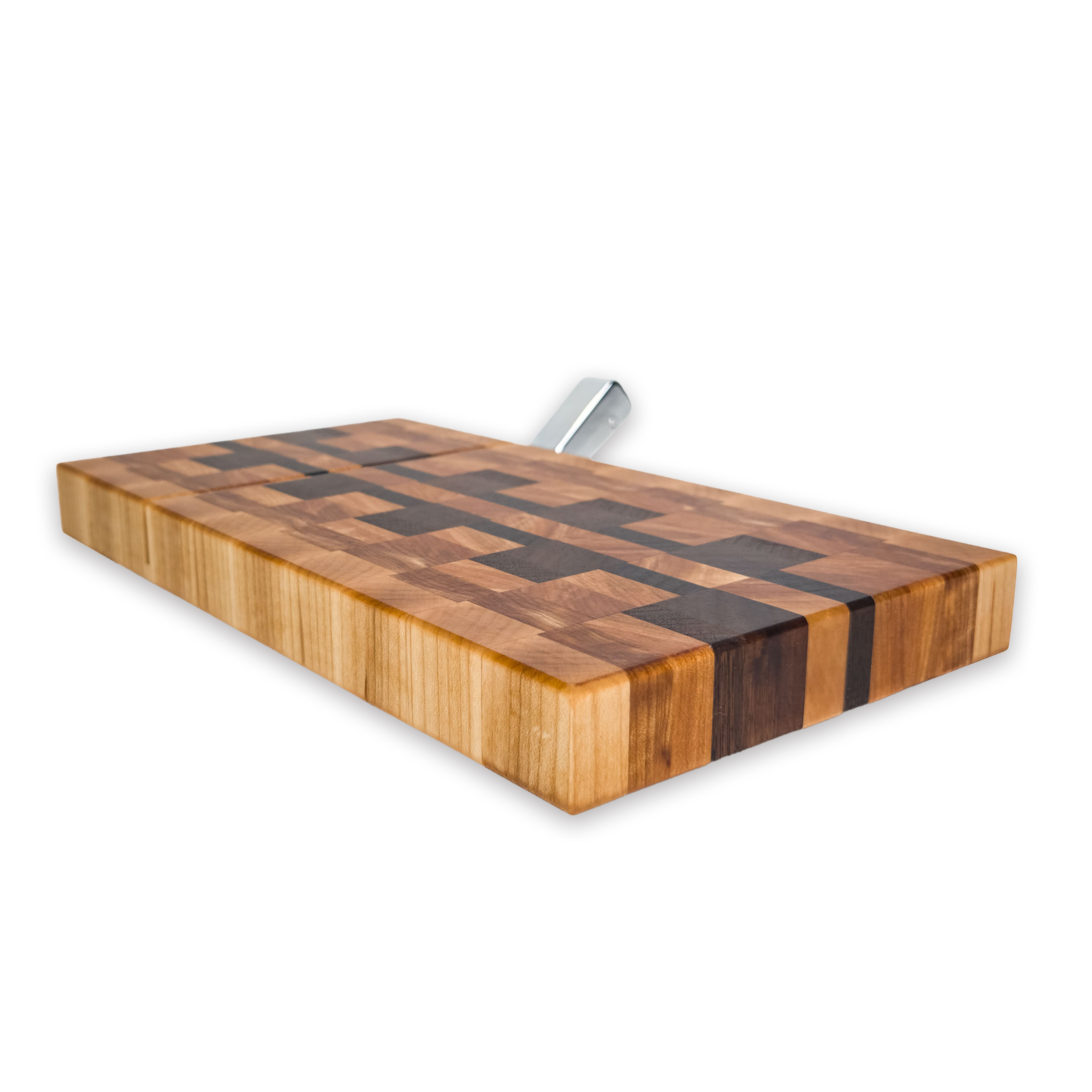 End grain maple, walnut & hickory cheese slicer board with wire cutter, oiled hardwood
