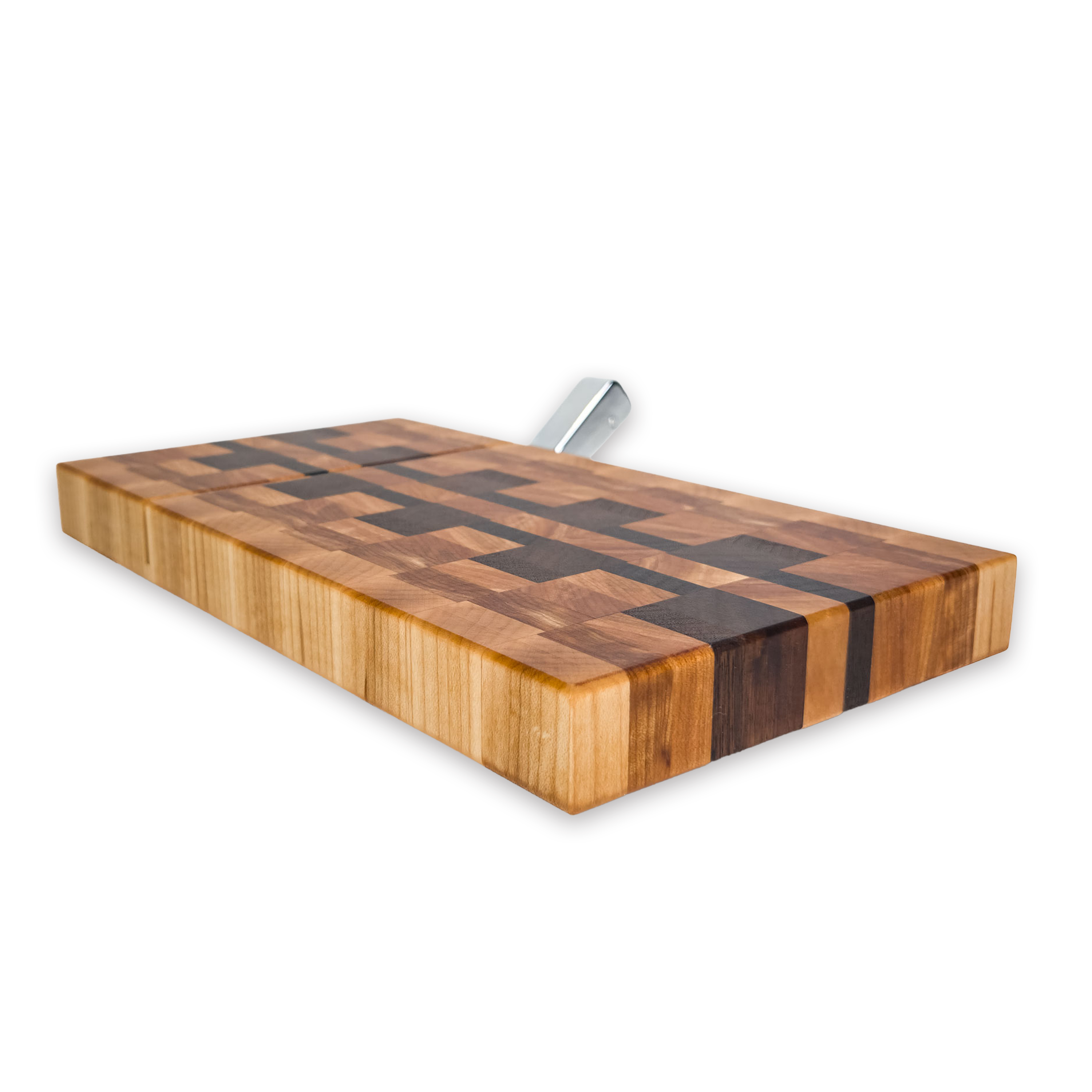 End grain maple, walnut & hickory cheese slicer board with wire cutter, oiled hardwood