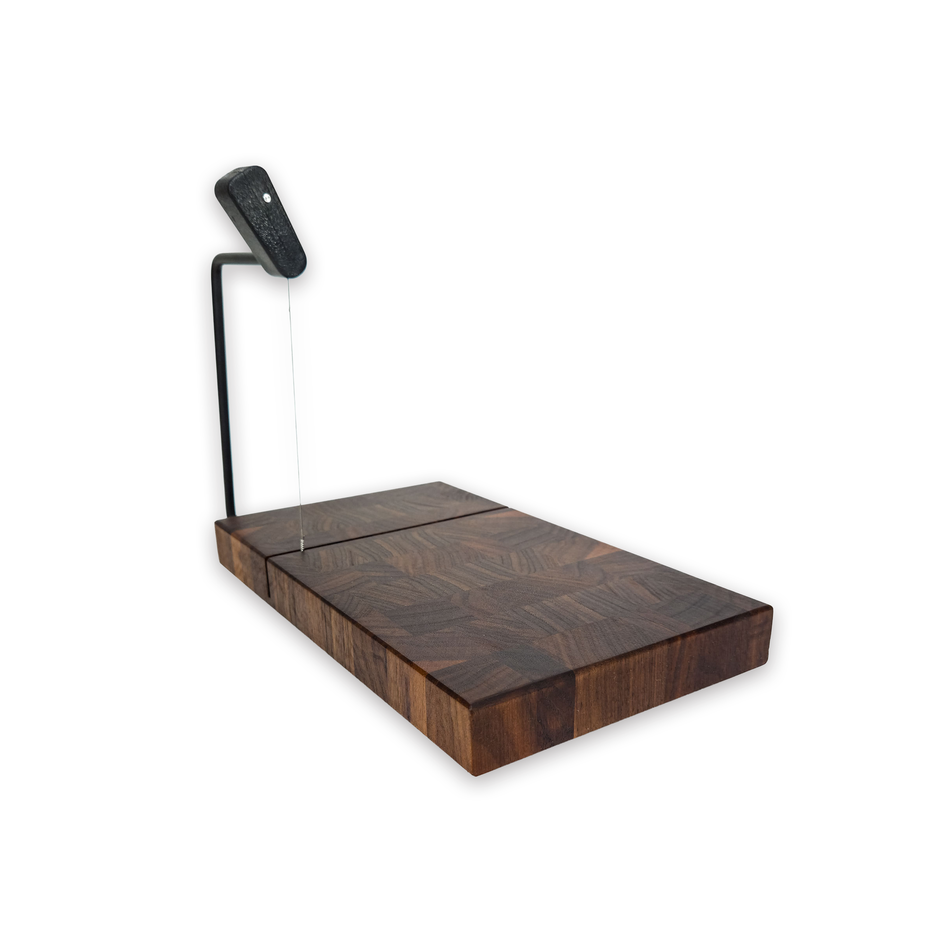 End grain solid walnut cheese slicer board with wire cutter, oiled hardwood