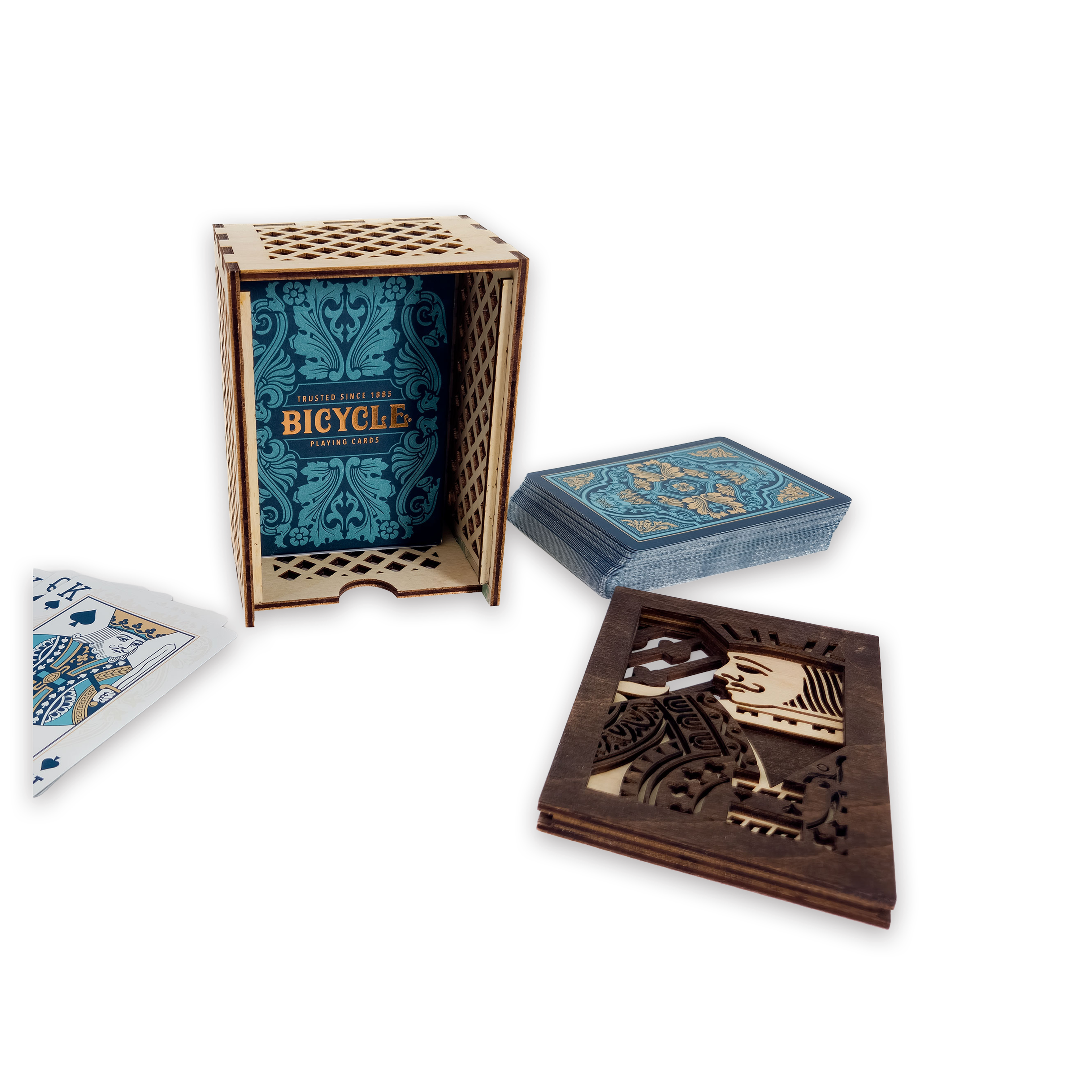 Laser-cut jack of hearts poker card box, walnut & maple birch plywood