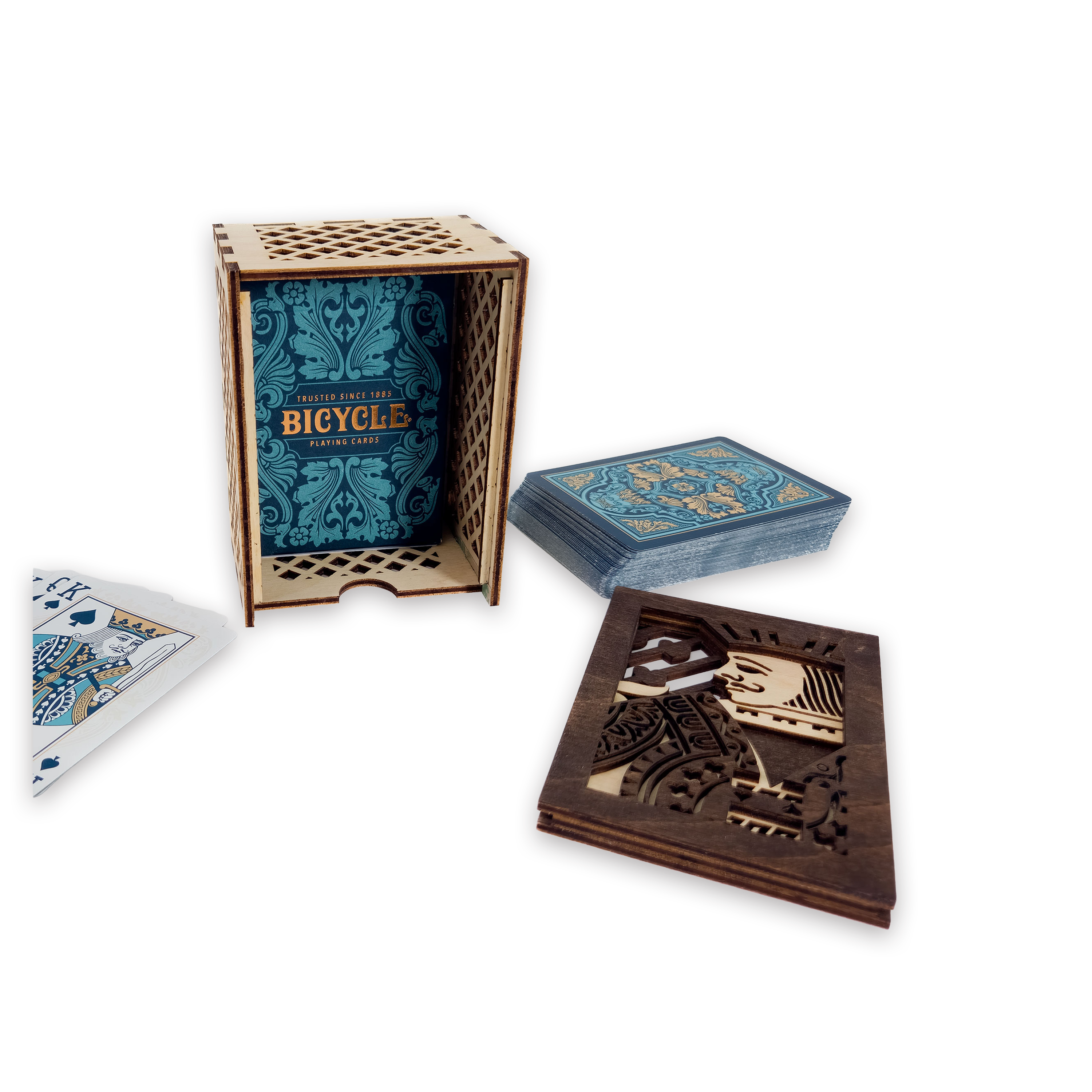 Laser-cut jack of hearts poker card box, walnut & maple birch plywood