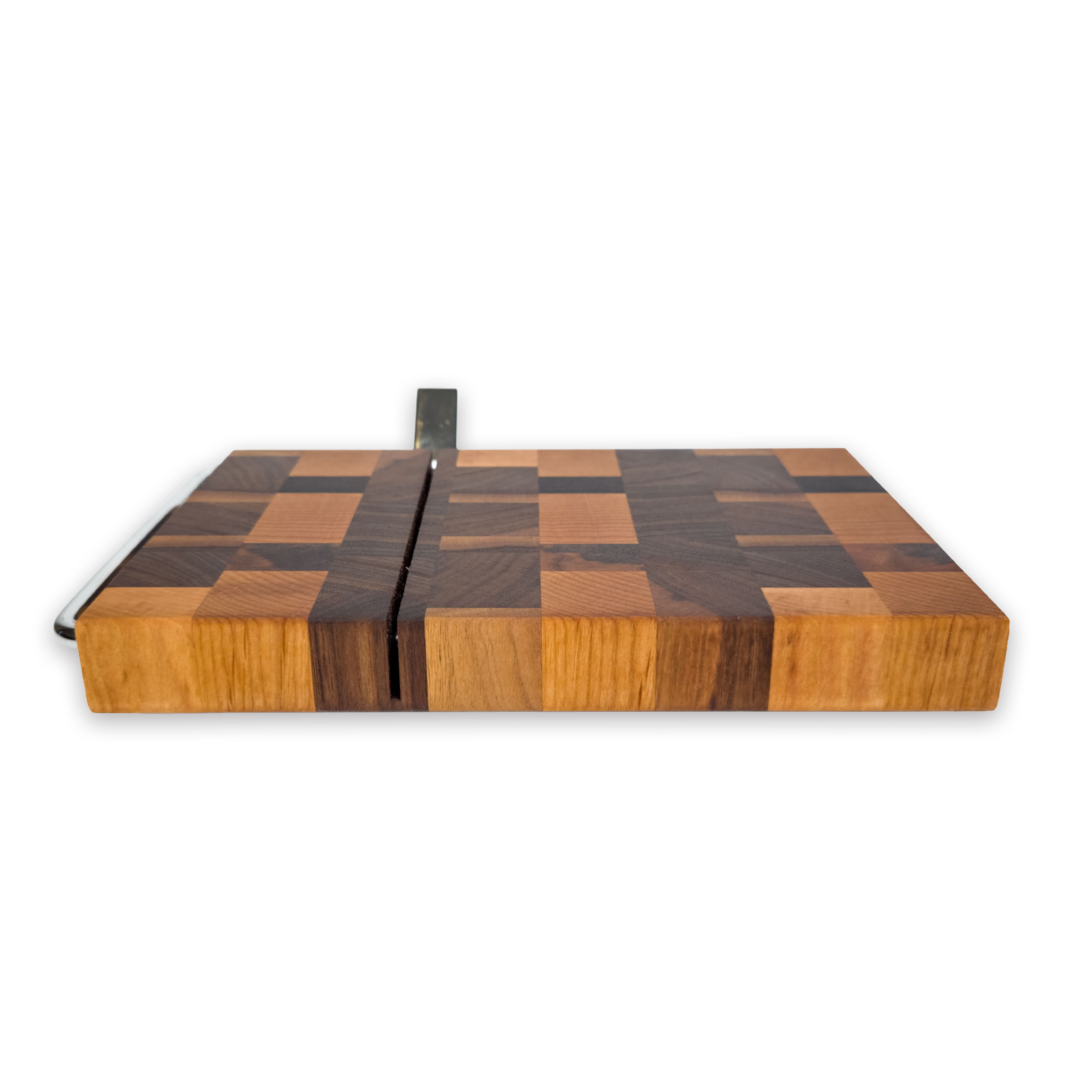 End grain oak, maple & walnut cheese slicer board with wire cutter, oiled hardwood