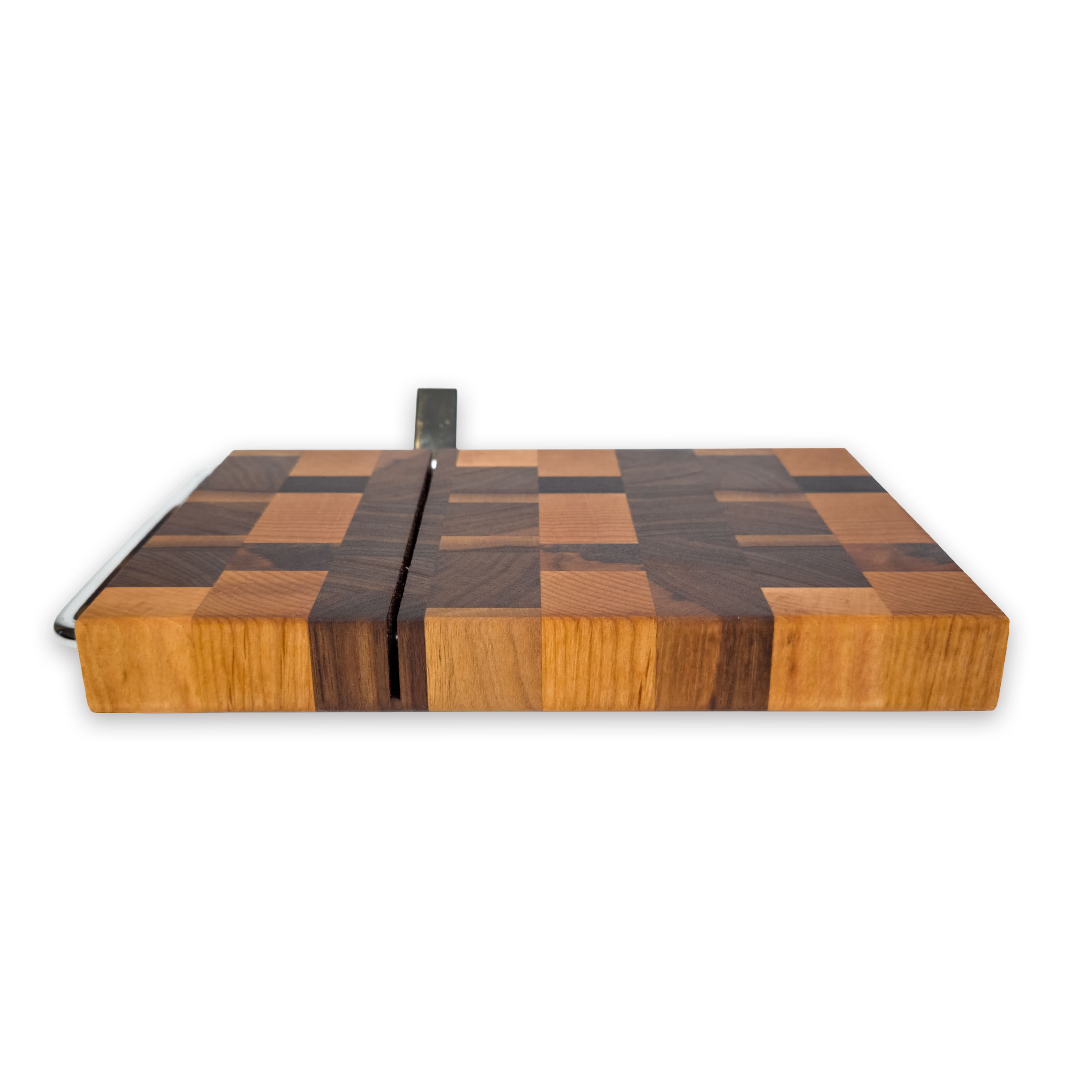 End grain oak, maple & walnut cheese slicer board with wire cutter, oiled hardwood