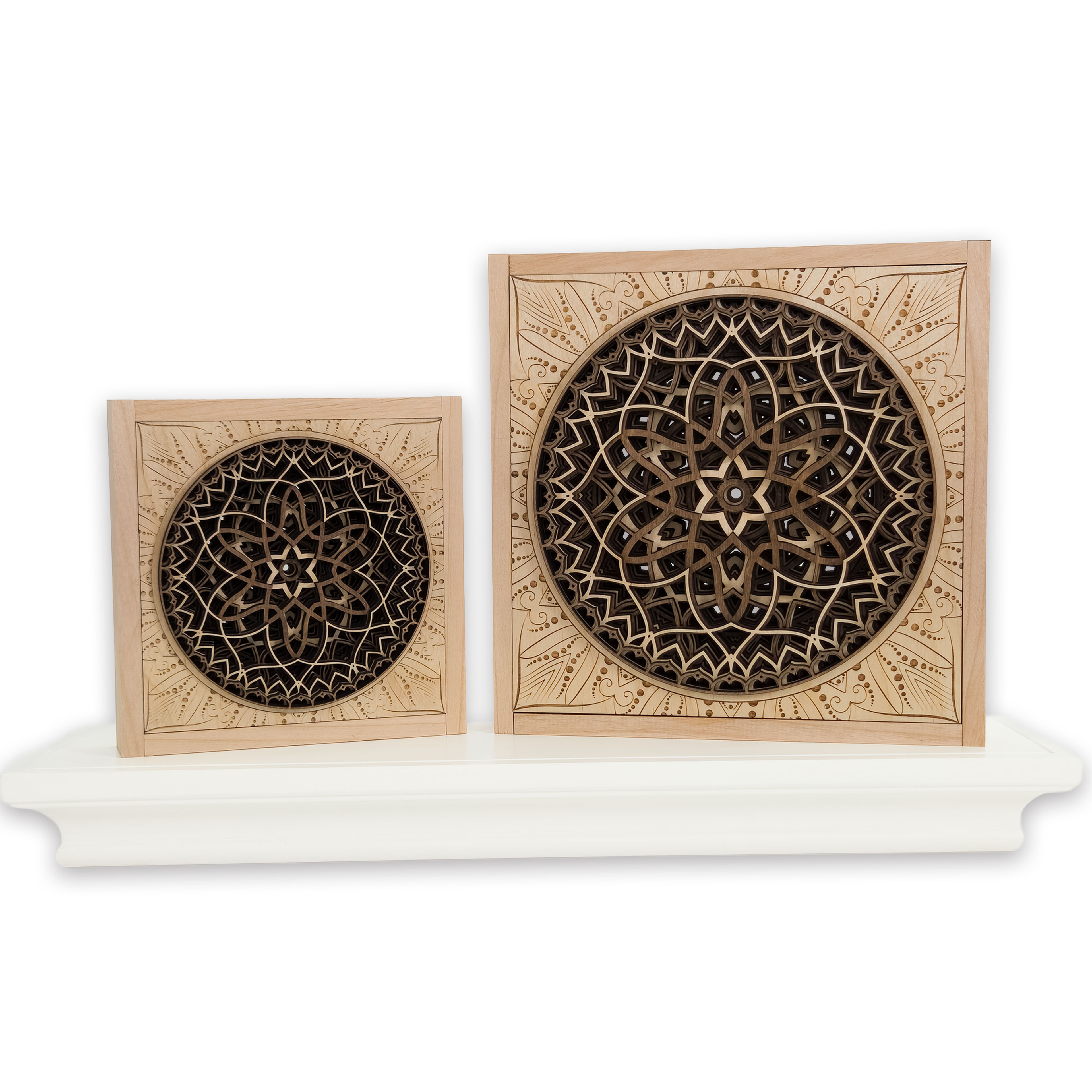 Multilayer 3D laser-cut engraved square mandala wall art, Baltic Birch Plywood