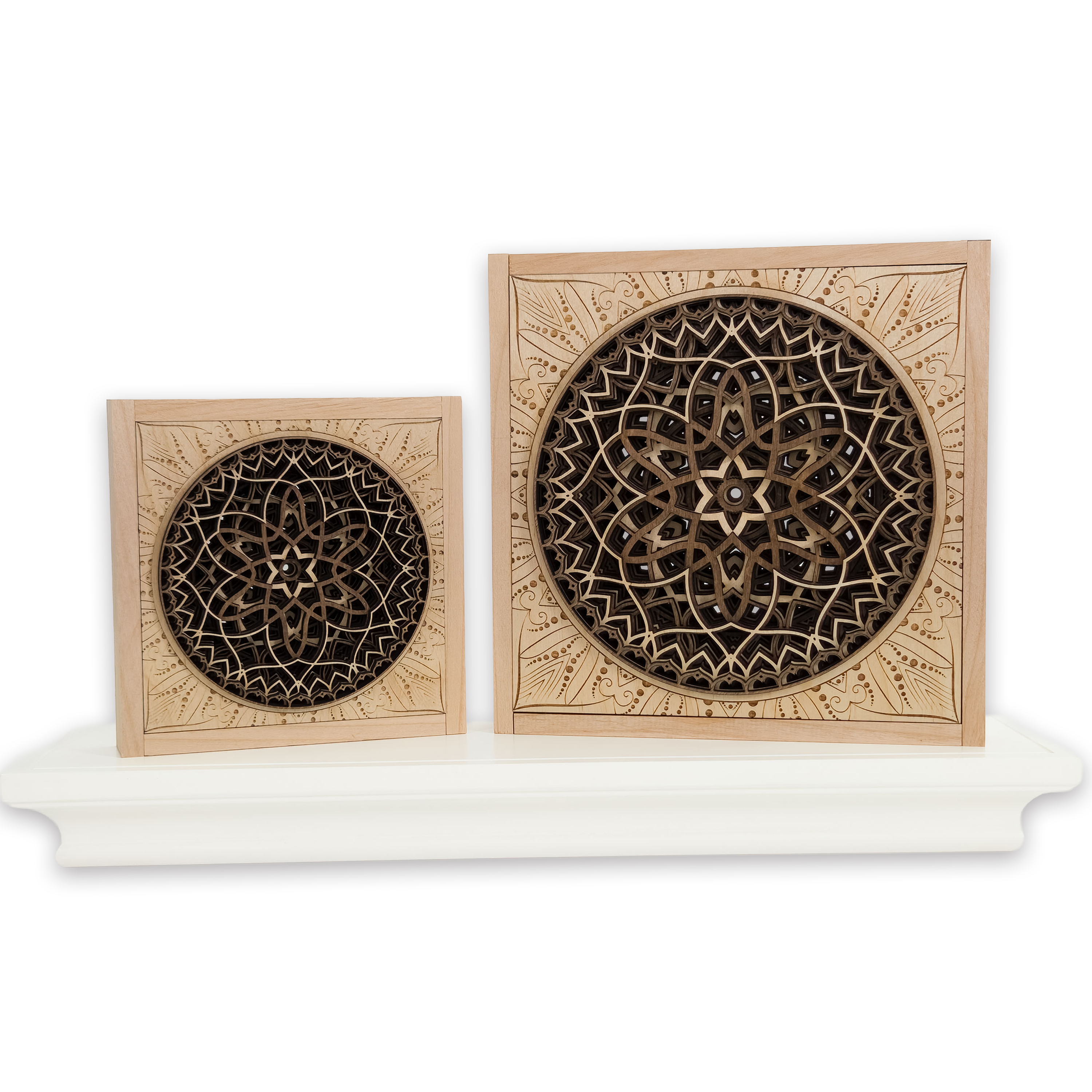 Multilayer 3D laser-cut engraved square mandala wall art, Baltic Birch Plywood