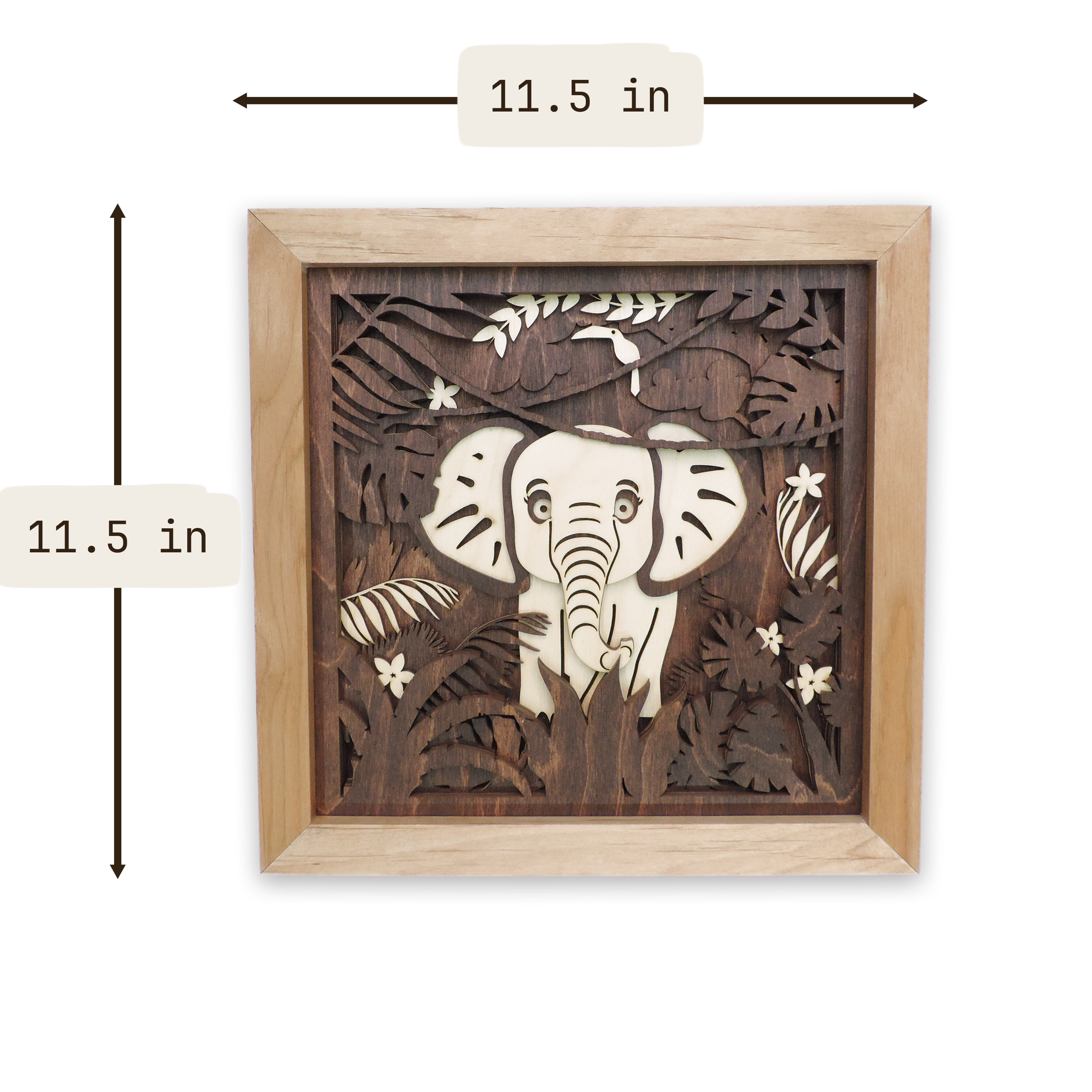 Multilayer 3D laser-cut baby elephant wall art, Baltic Birch Plywood
