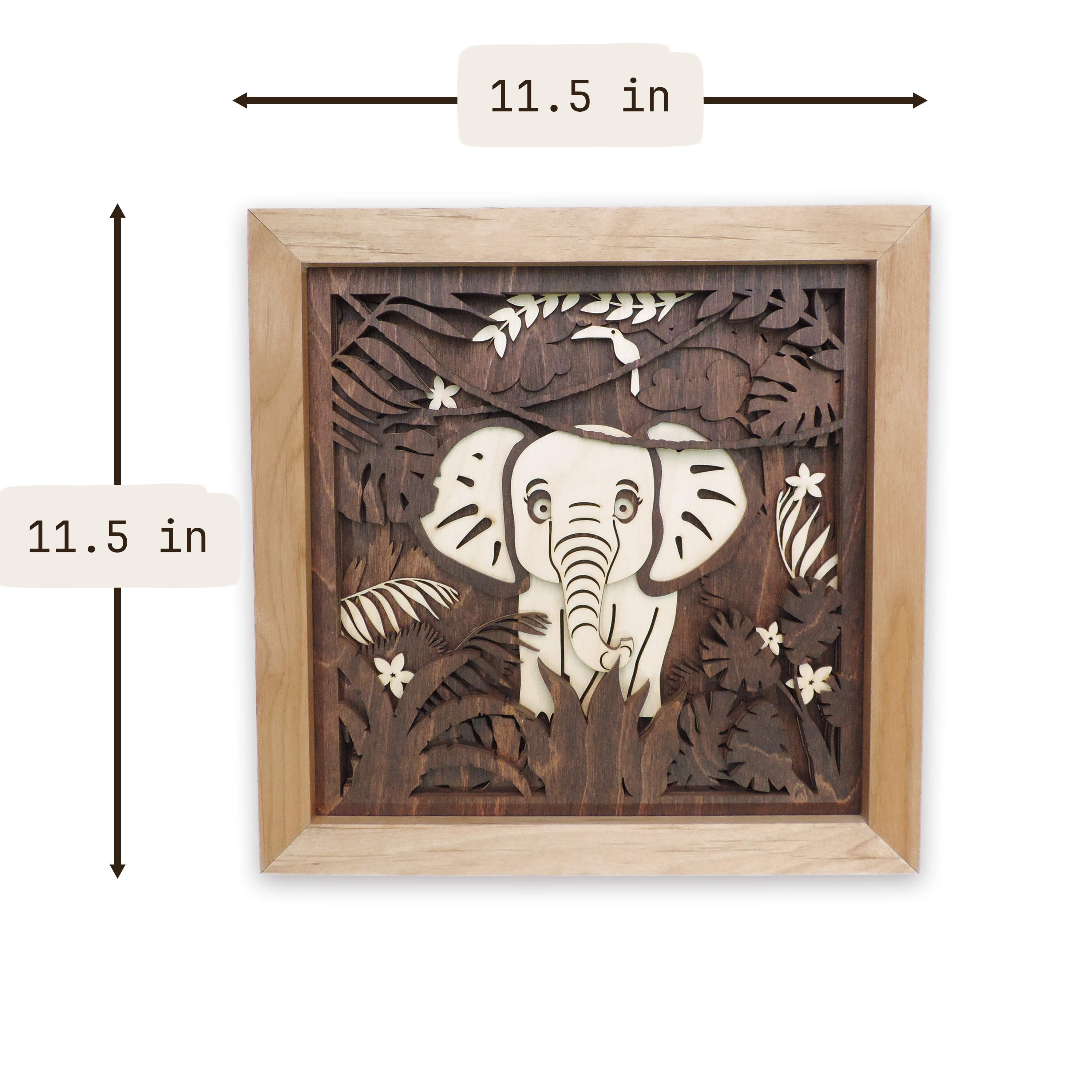 Multilayer 3D laser-cut baby elephant wall art, Baltic Birch Plywood