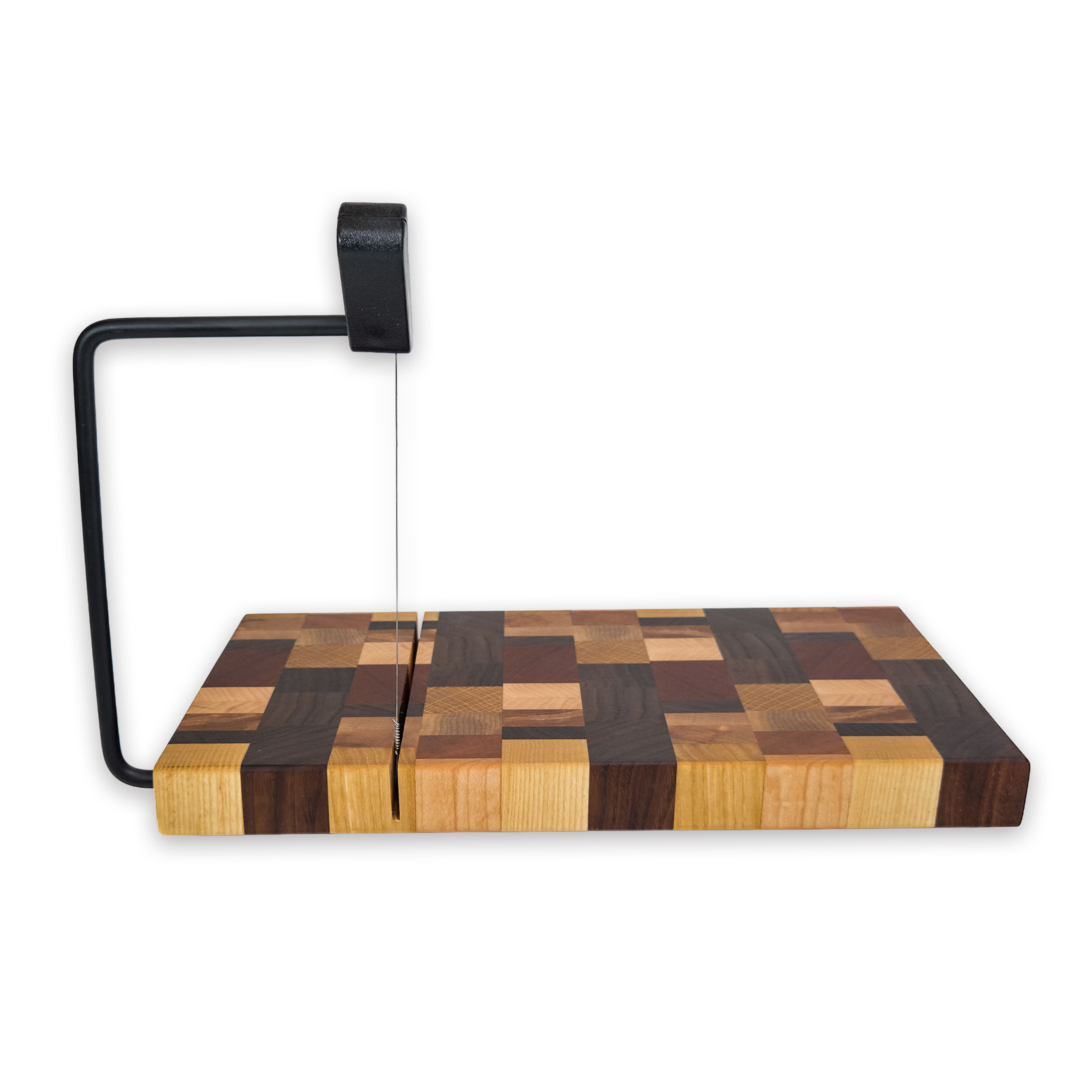 End grain dark mixed hardwood cheese slicer board with wire cutter, oiled hardwood