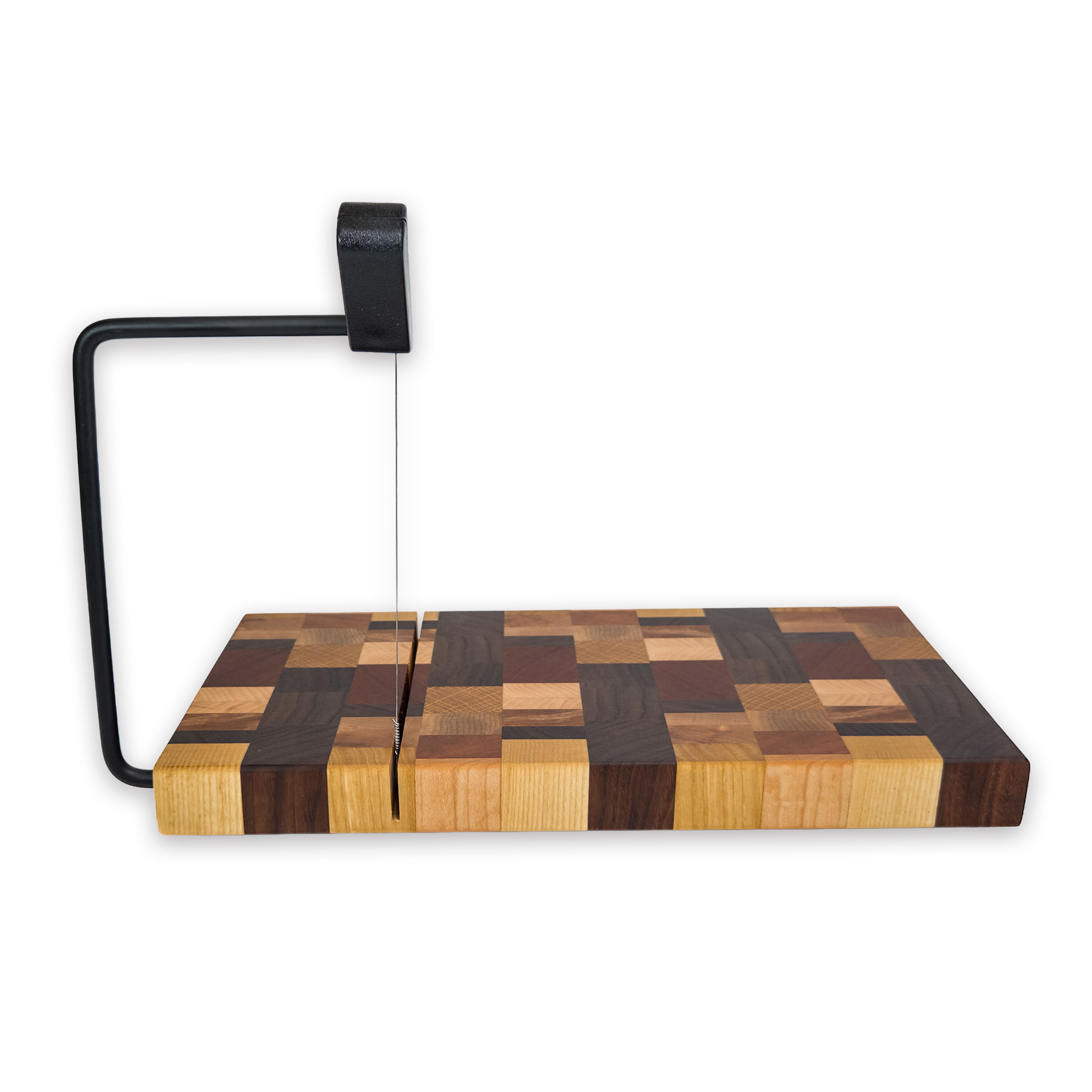 End grain dark mixed hardwood cheese slicer board with wire cutter, oiled hardwood