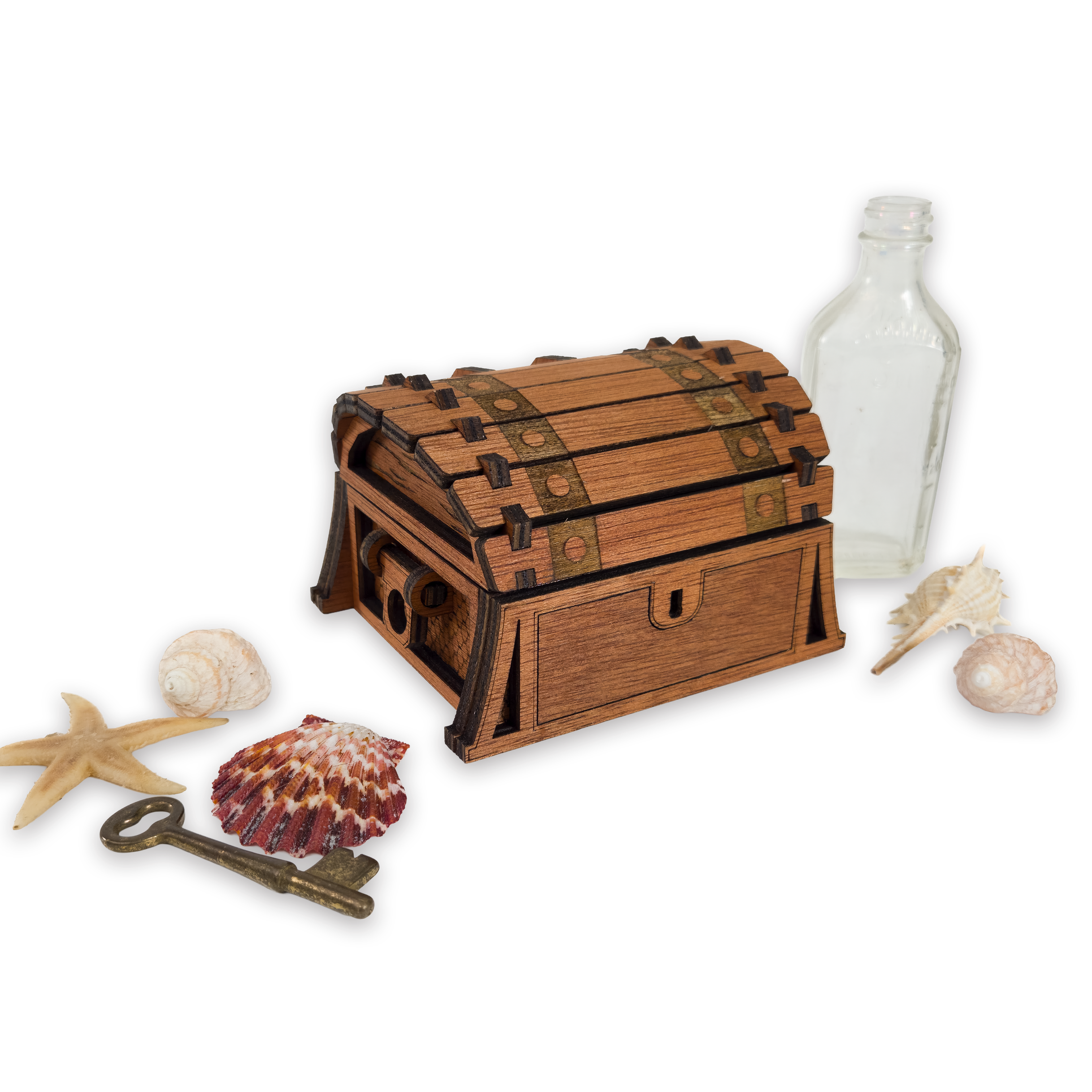 Laser-cut fantasy treasure chest, cherry-finished birch plywood