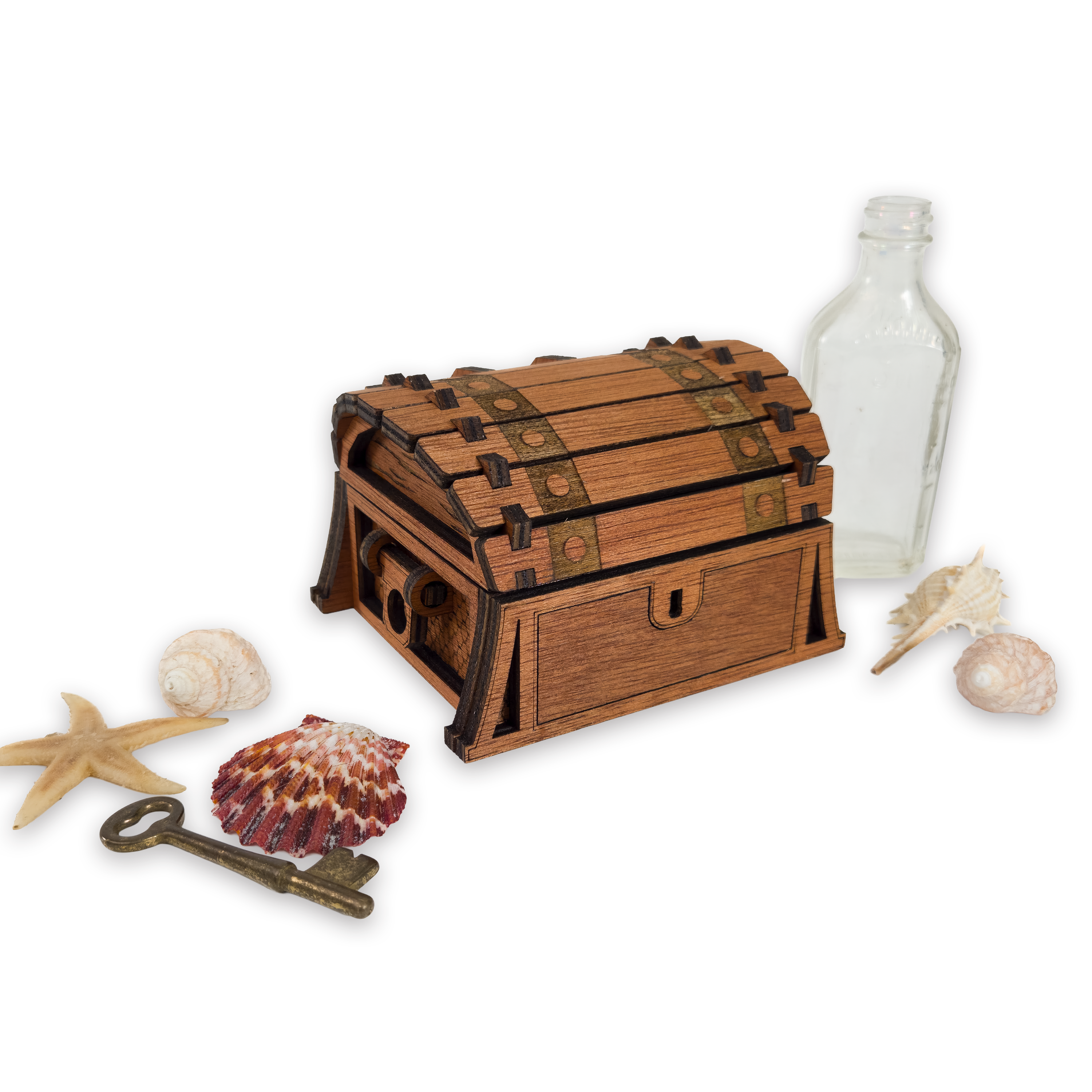 Laser-cut fantasy treasure chest, cherry-finished birch plywood