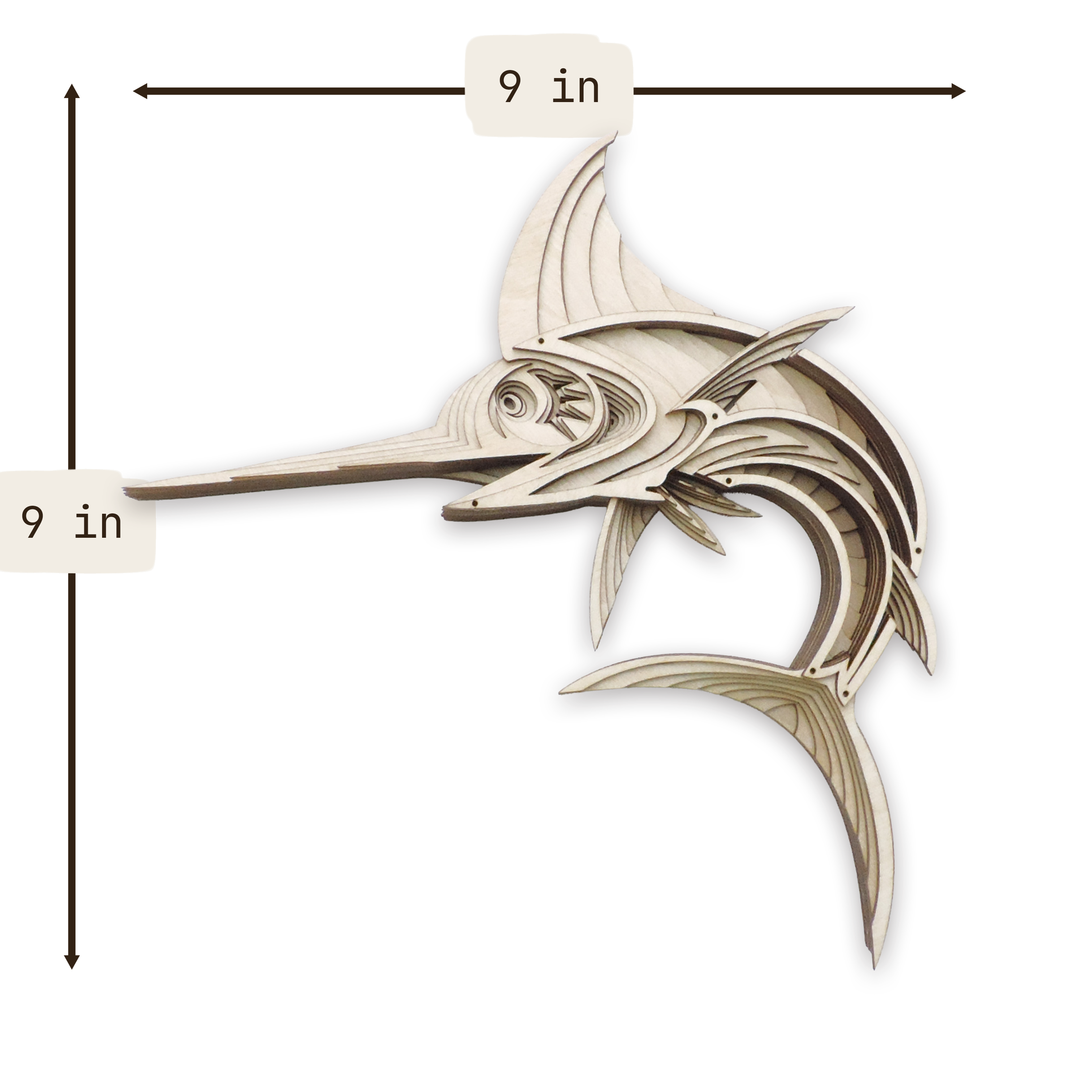 Multilayer 3D laser-cut swordfish wall art, Baltic Birch Plywood