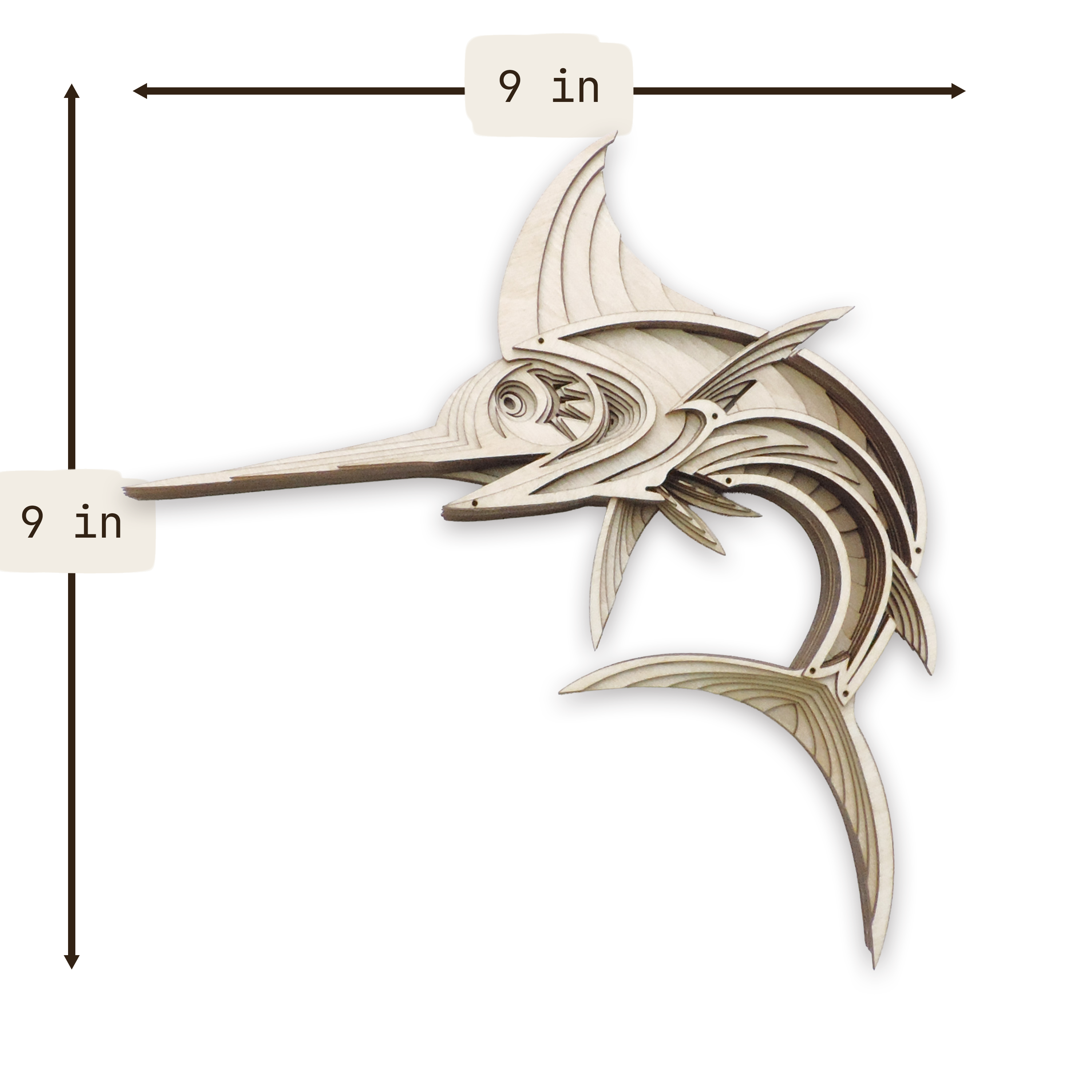 Multilayer 3D laser-cut swordfish wall art, Baltic Birch Plywood