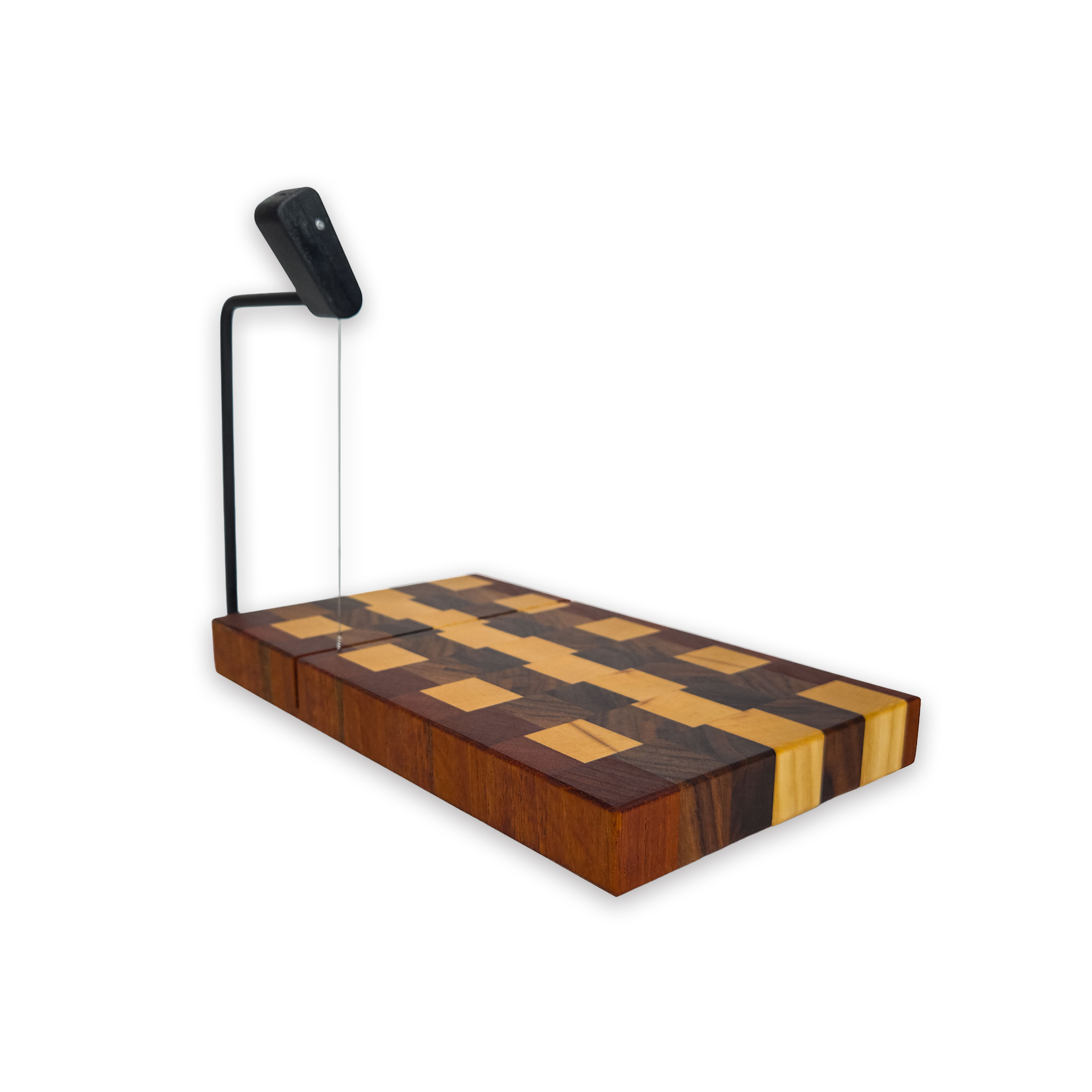 End grain maple, walnut & cherry cheese slicer board with wire cutter, oiled hardwood