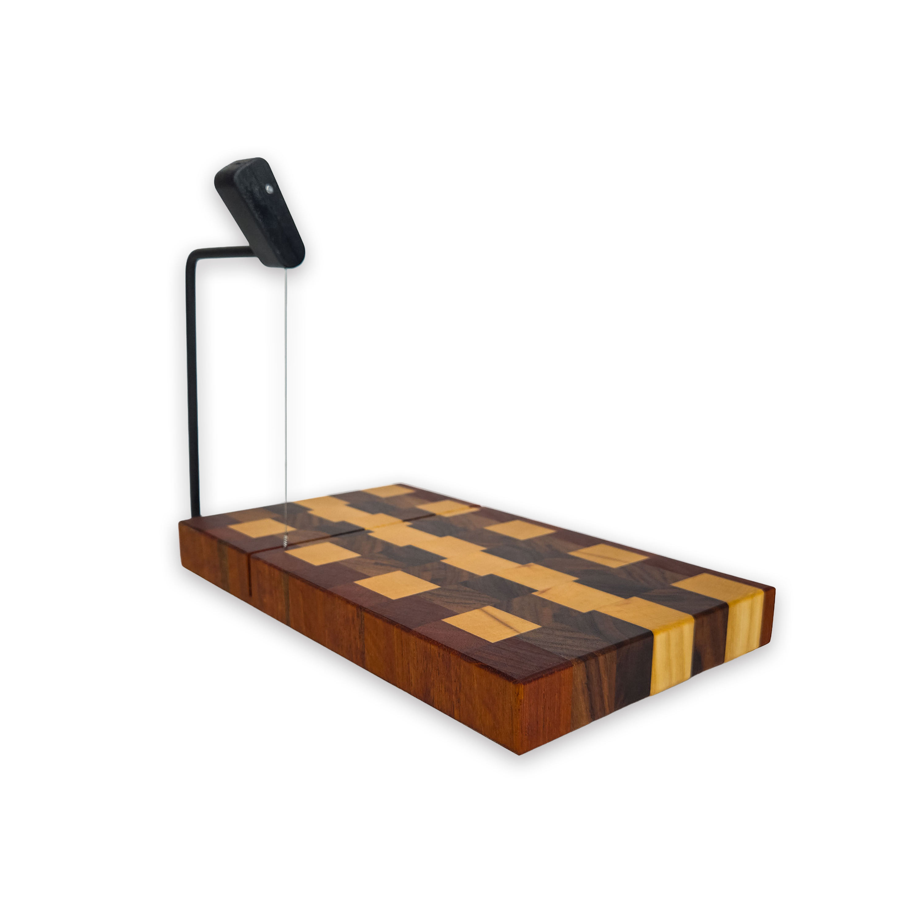 End grain maple, walnut & cherry cheese slicer board with wire cutter, oiled hardwood