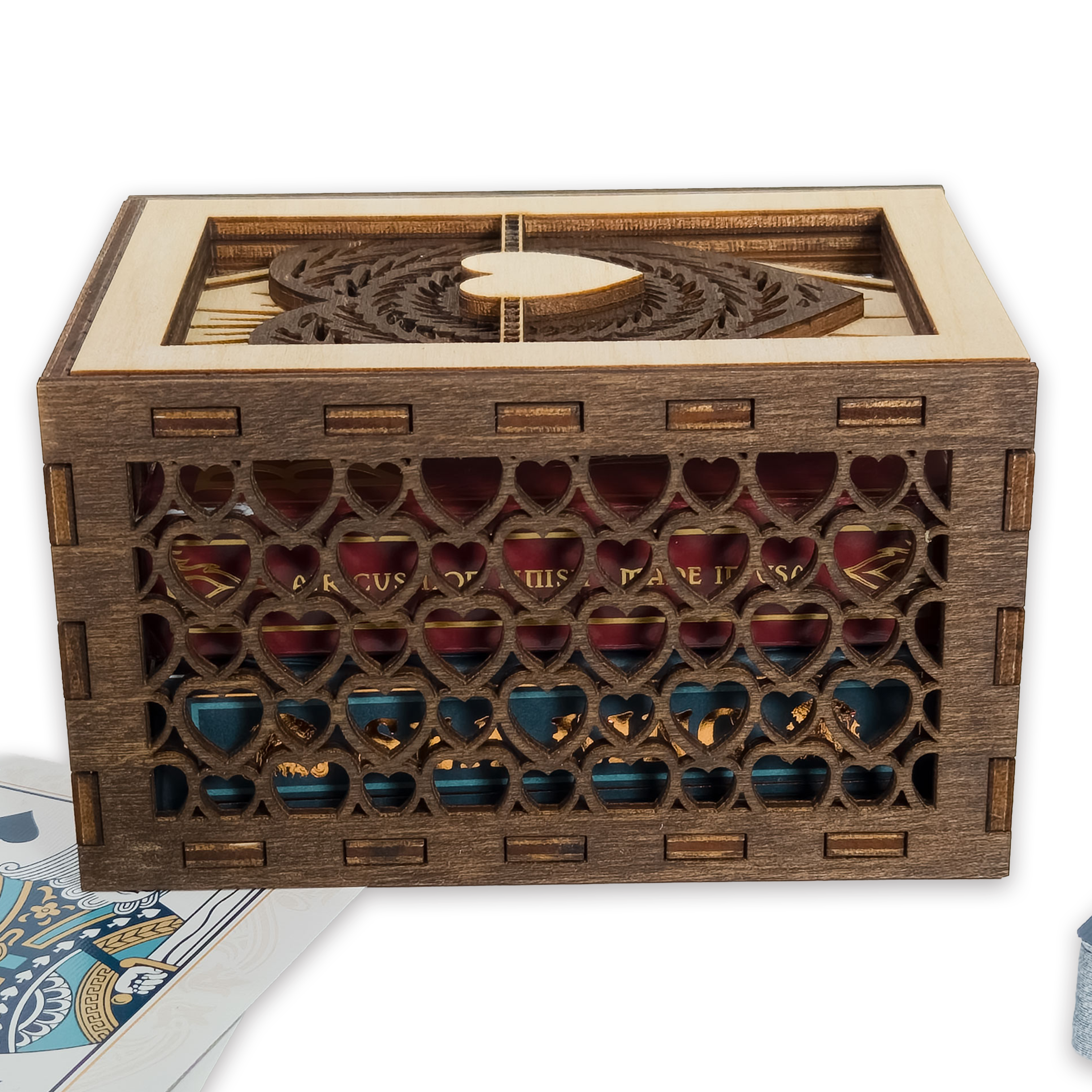 Laser-cut ace of hearts poker card box, walnut & maple birch plywood