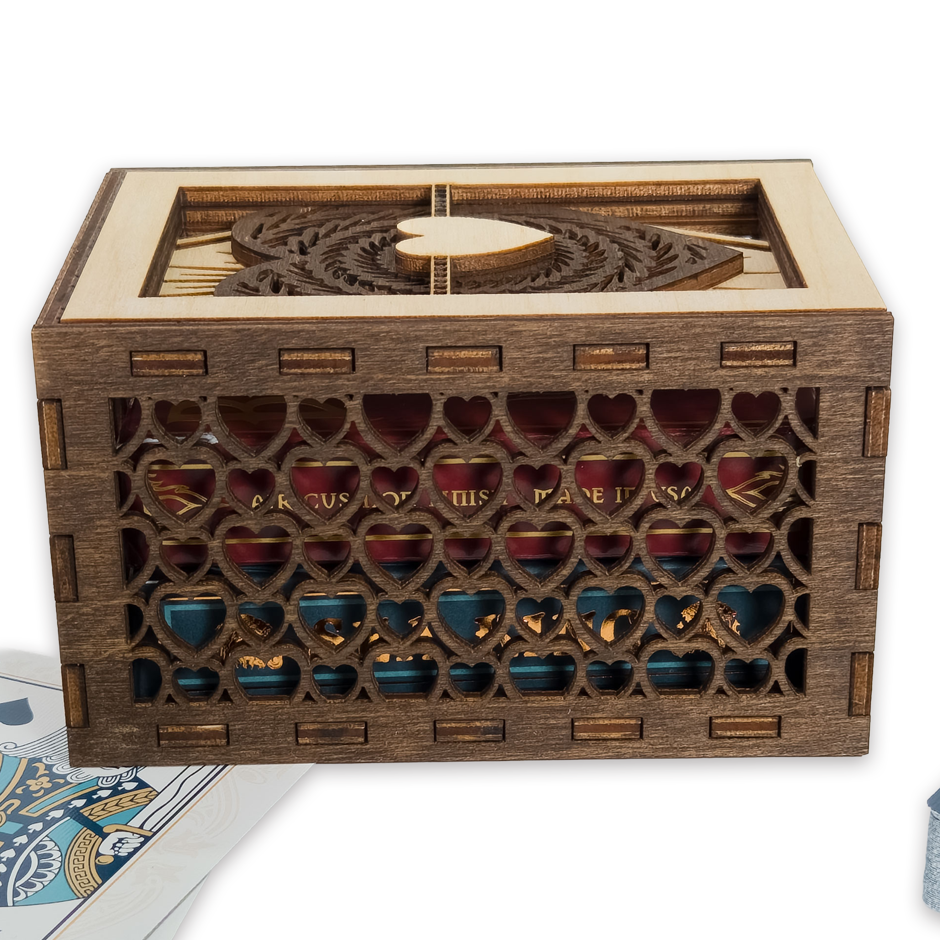 Laser-cut ace of hearts poker card box, walnut & maple birch plywood