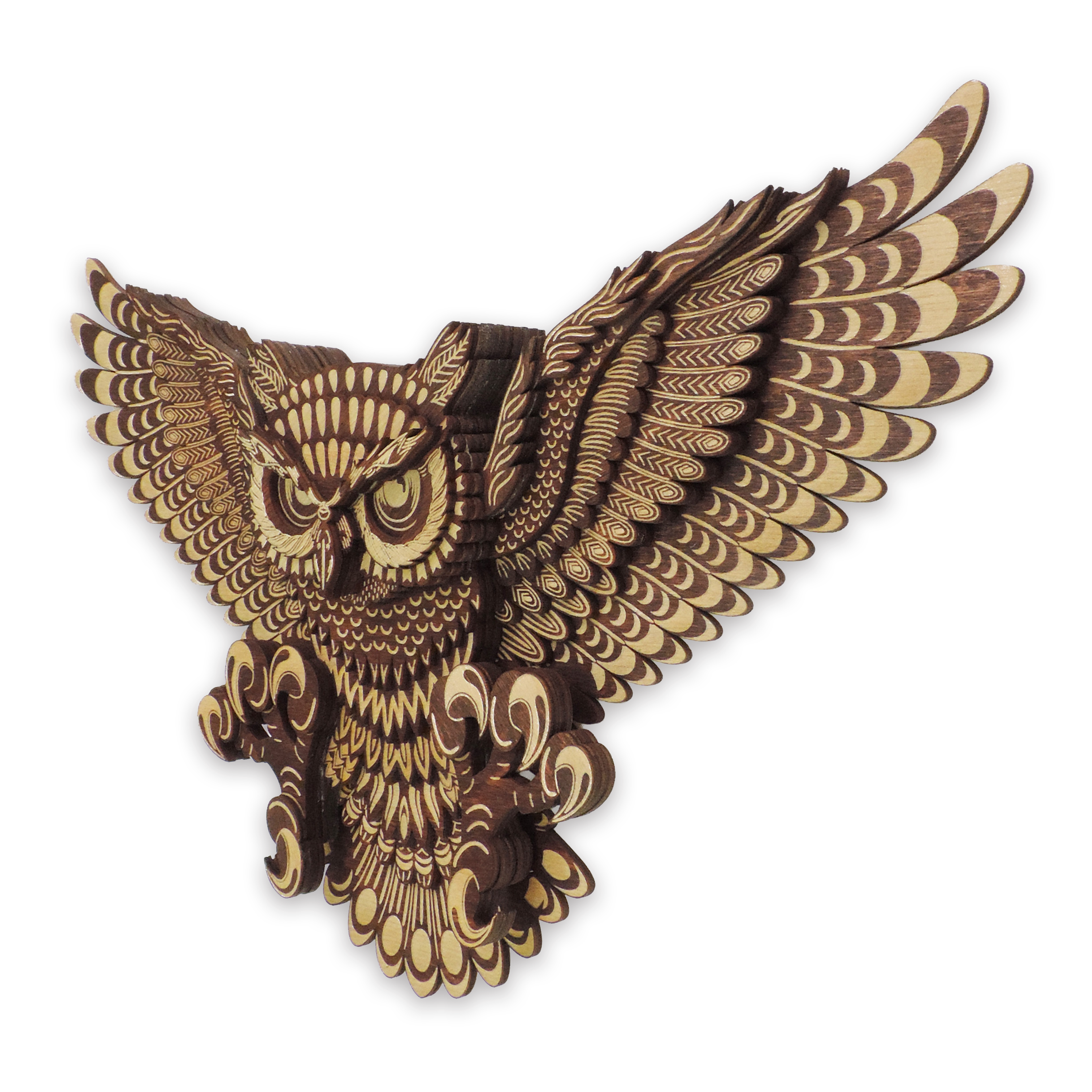 Multilayer 3D laser-cut flying owl wall art, Baltic Birch Plywood