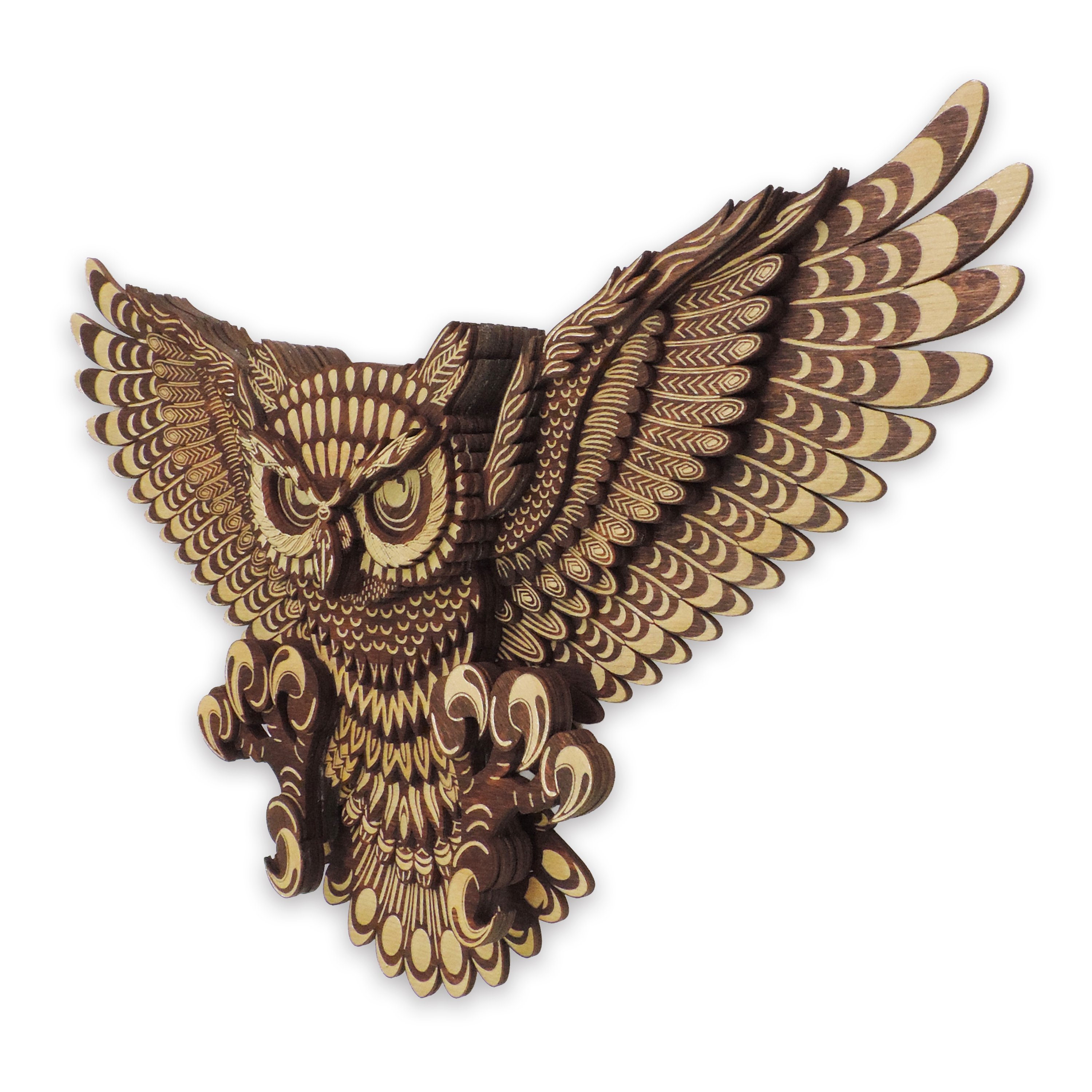 Multilayer 3D laser-cut flying owl wall art, Baltic Birch Plywood