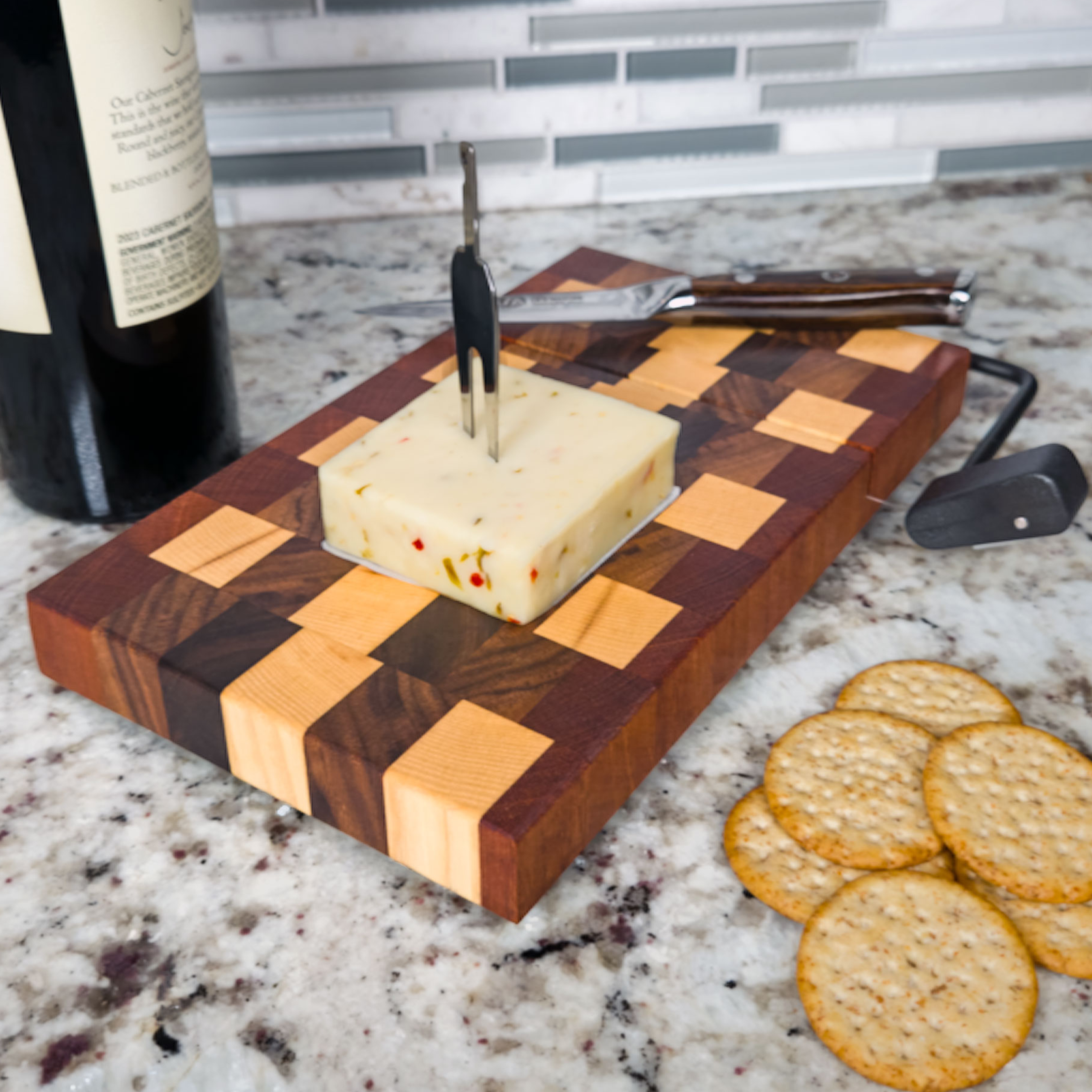 End grain maple, walnut & cherry cheese slicer board with wire cutter, oiled hardwood