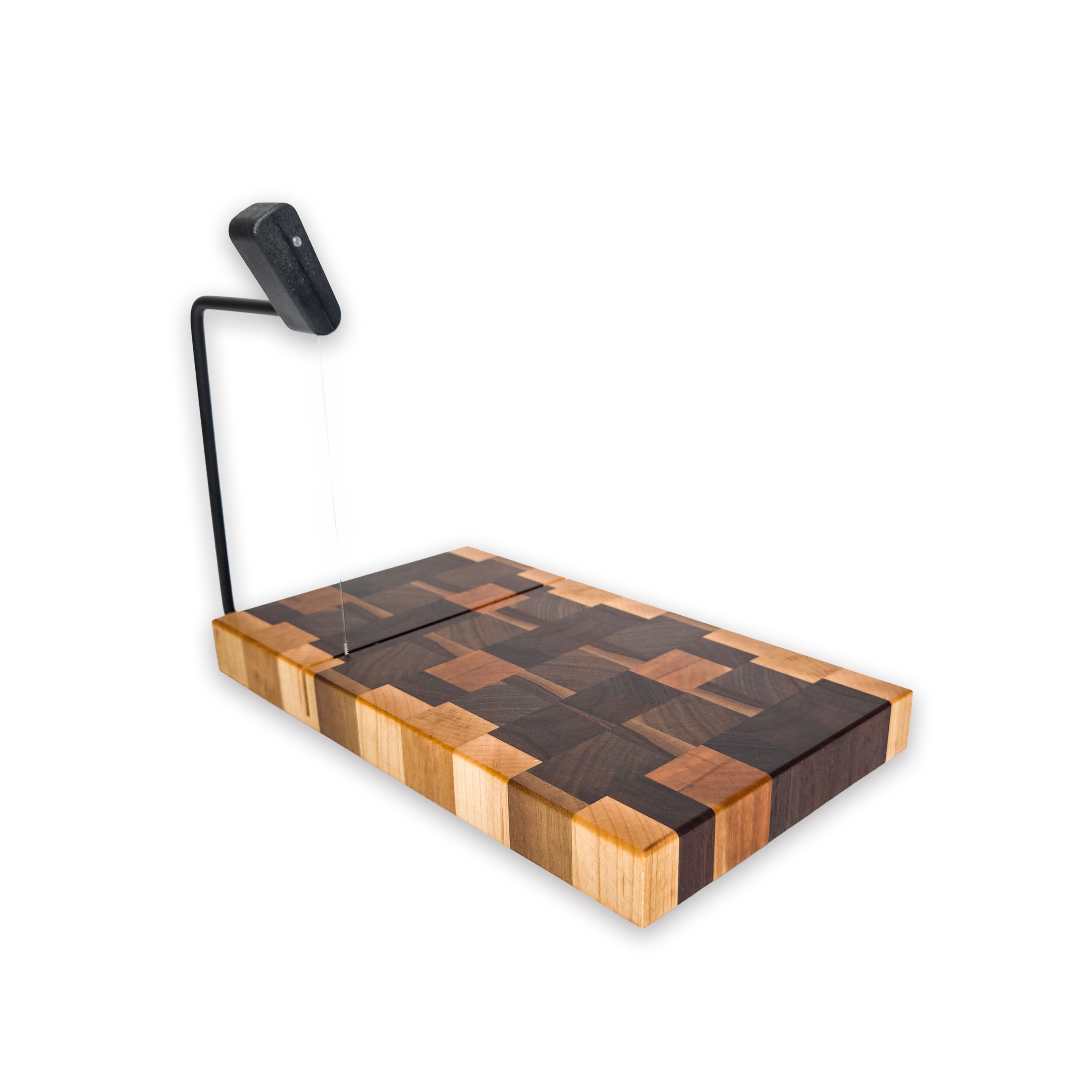 End grain maple, walnut, oak & cherry cheese slicer board with wire cutter, oiled hardwood — large, black (9.75 × 5.75 in)